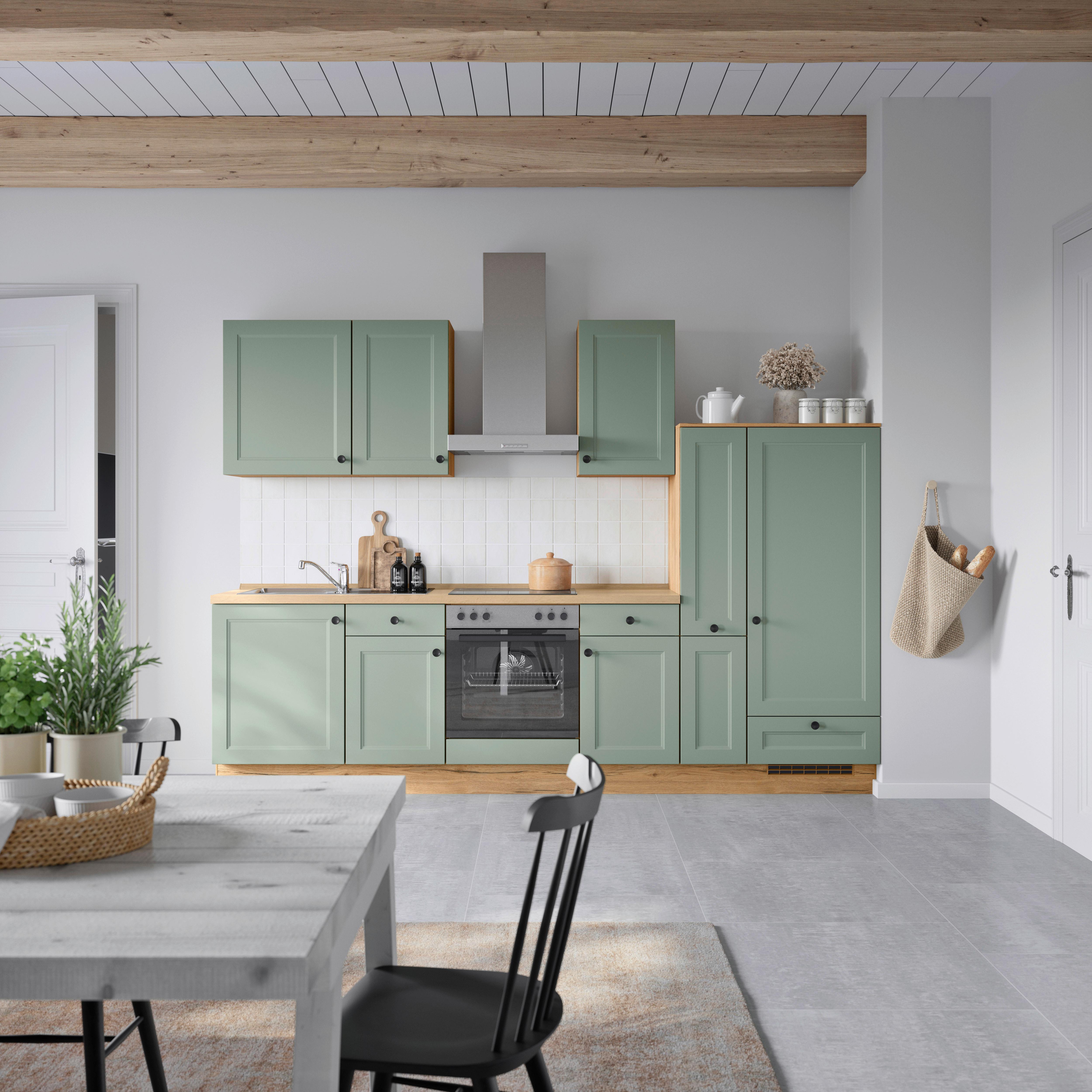 Küchenblock Cascada Low m. Geräten Schilfgrün - Schilfgrün/Eichefarben, MODERN, Holzwerkstoff/Metall (300cm) - Nobilia