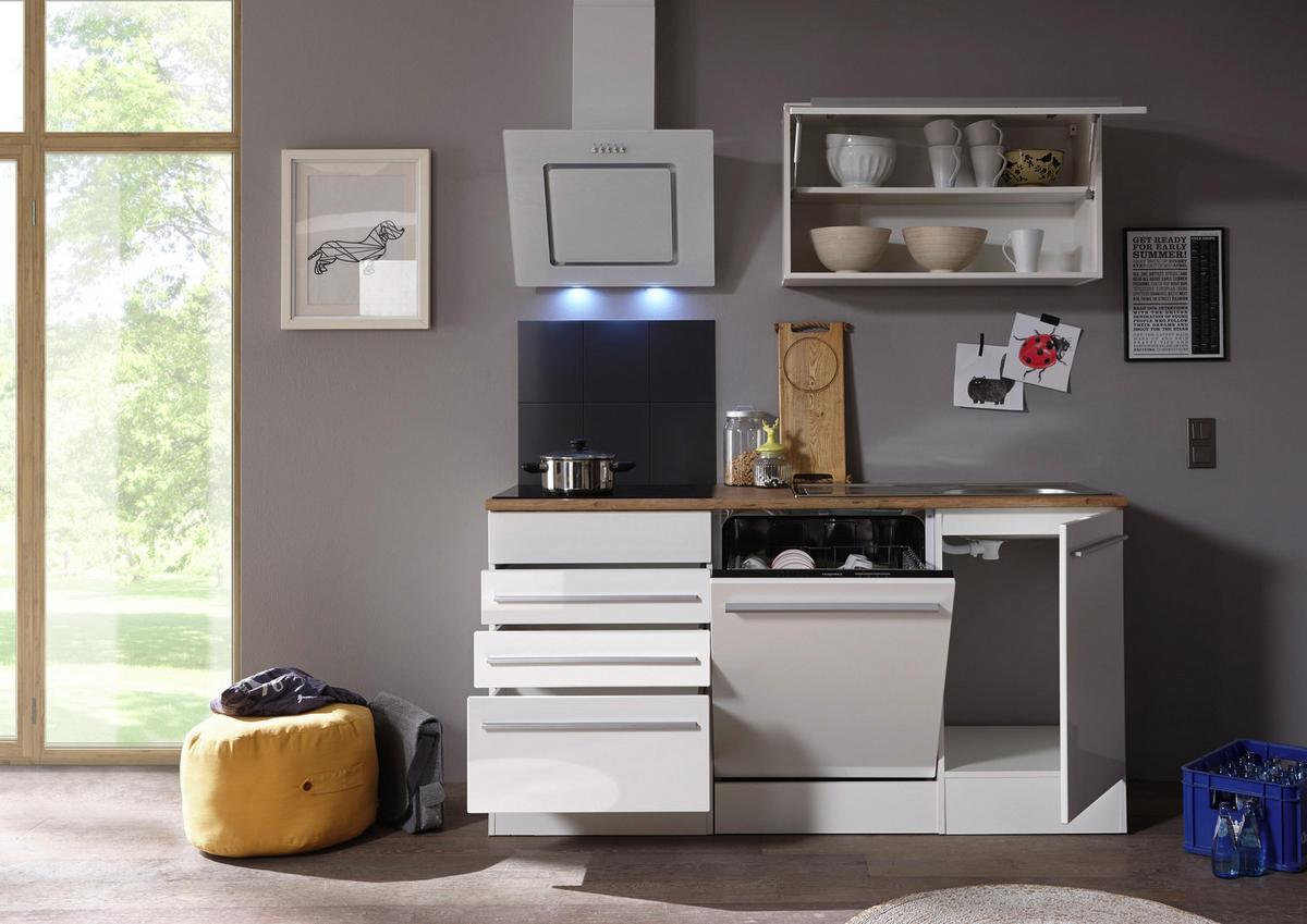 Küchenblock Premium m. Geräten Weiß/Eiche ca. 290 cm - Wildeiche/Edelstahlfarben, Basics, Holzwerkstoff/Kunststoff (290cm) - Respekta