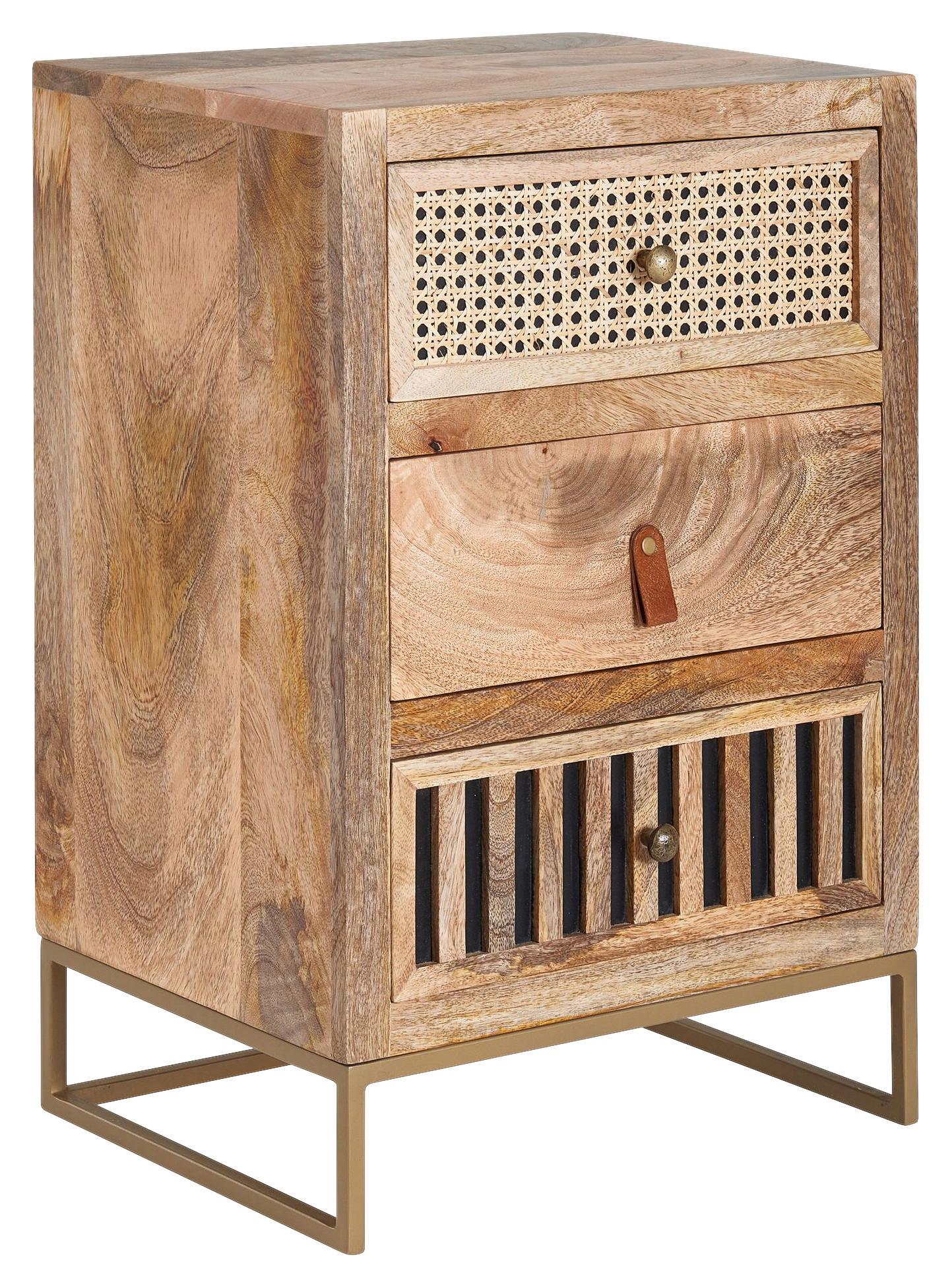 Nachttisch WL6.482 ca.40x60x30cm Mangoholz massiv - Goldfarben/Braun, MODERN, Leder/Holz (40/60/30cm) - MID.YOU