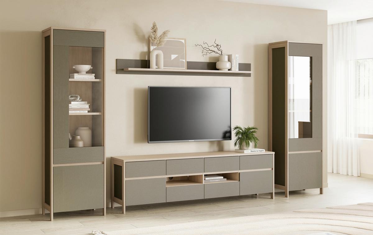 Wohnwand Stranda Eukalyptusholzfarben - Eukalyptusholzfarben/Eichefarben, Design, Holzwerkstoff (339/195/39cm) - MID.YOU