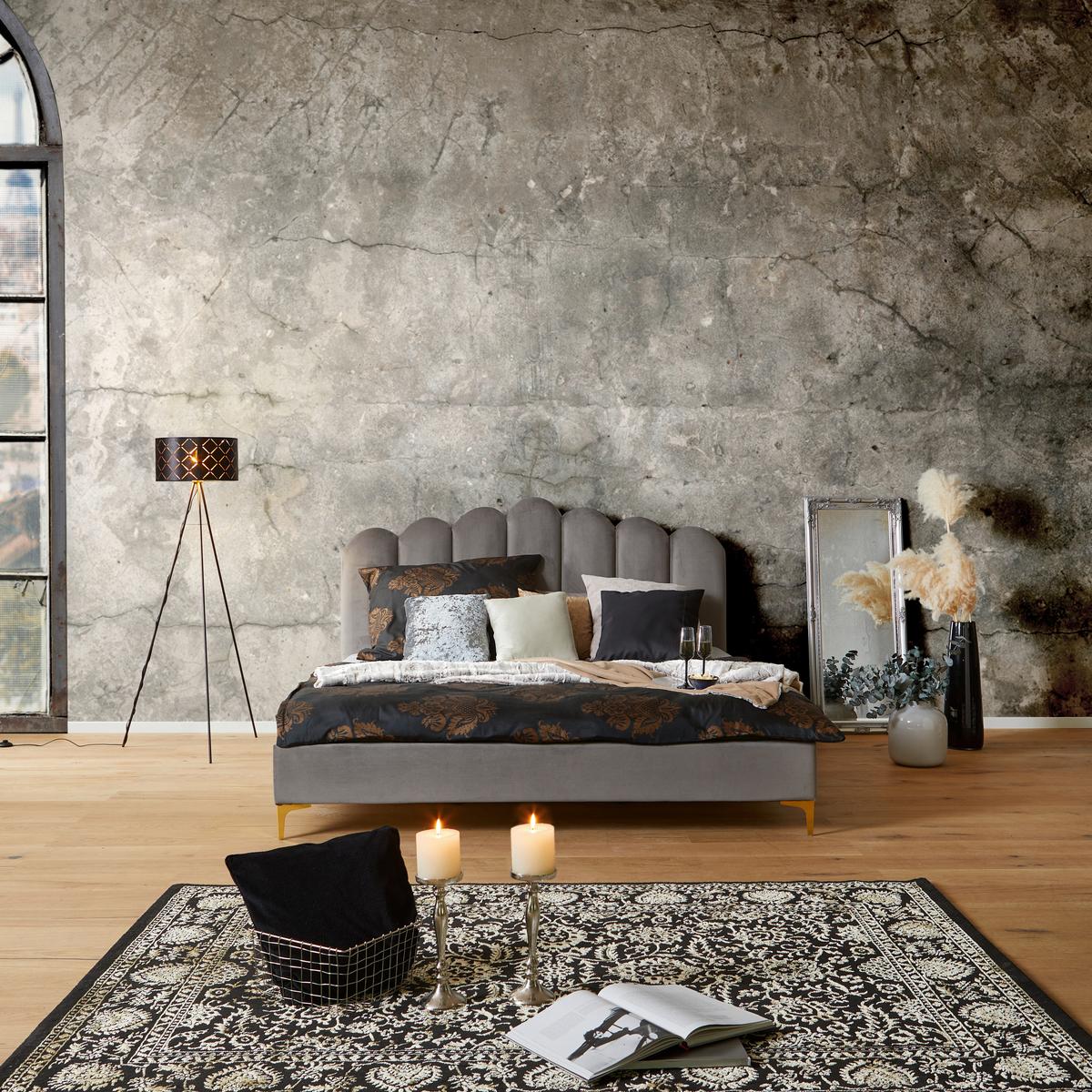 Oblazinjena Postelja Lucy, Siva, 180x200 - zlate barve/črna, Moderno, kovina/leseni material (180/200cm) - Livetastic