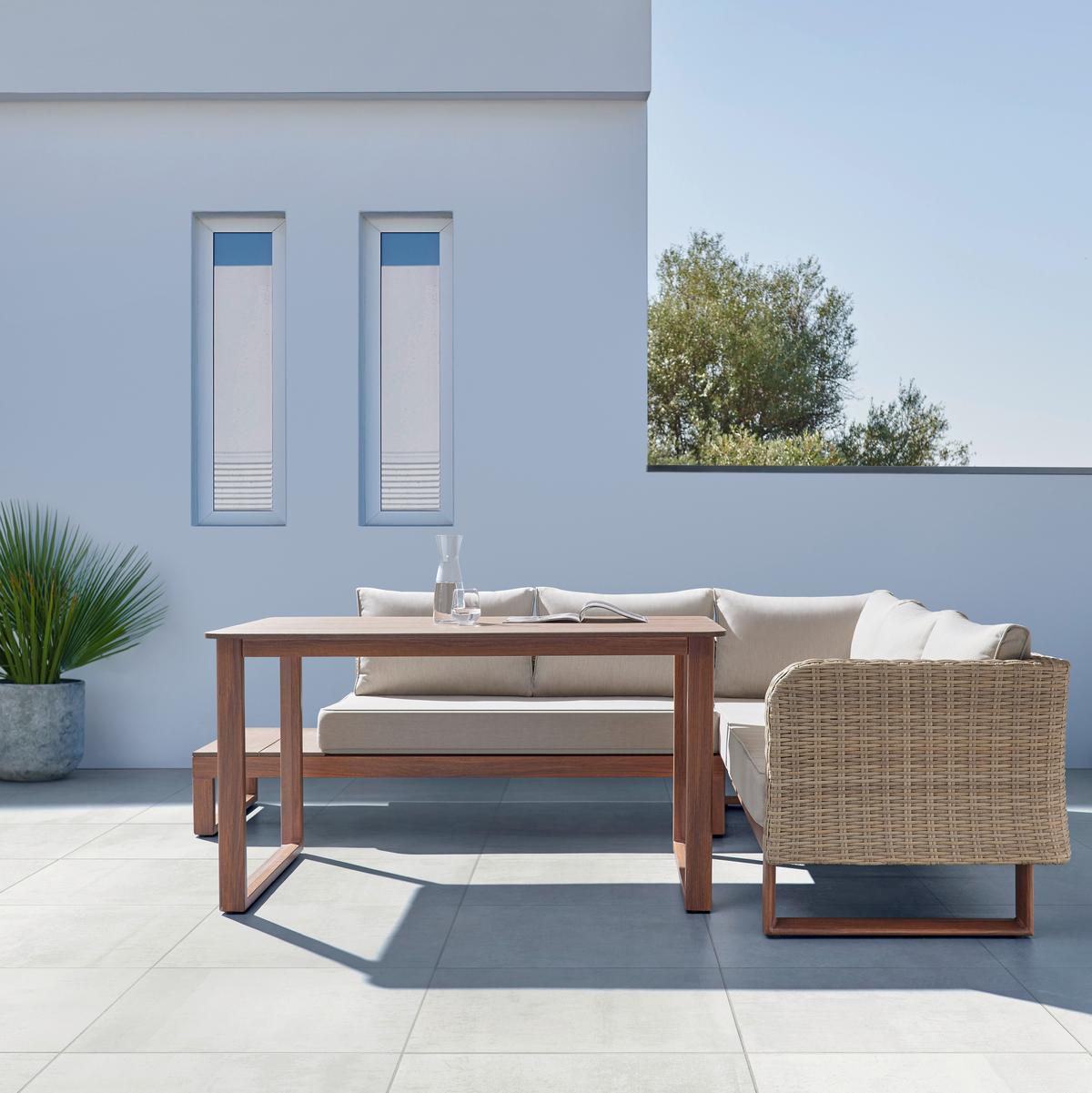 KOMPLET STOŁOWY NA TARAS ELISAVETA - kremowy/jasnobrązowy, Modern, tworzywo sztuczne/metal (254/69/215cm) - Bessagi Garden