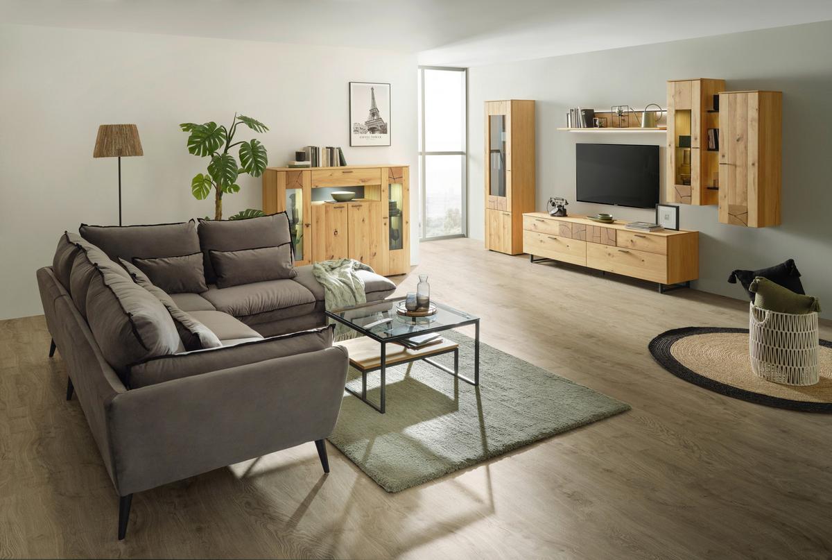 Highboard Stockholm in Eichefarben - Eichefarben/Schwarz, MODERN, Glas/Holzwerkstoff (154/130/41cm) - Premium Living