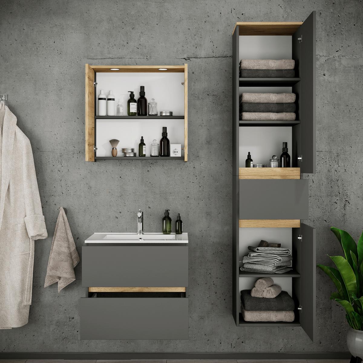 Badezimmer Cosila - Honigeiche/Weiss, Trend, Keramik/Holzwerkstoff (101cm) - MID.YOU