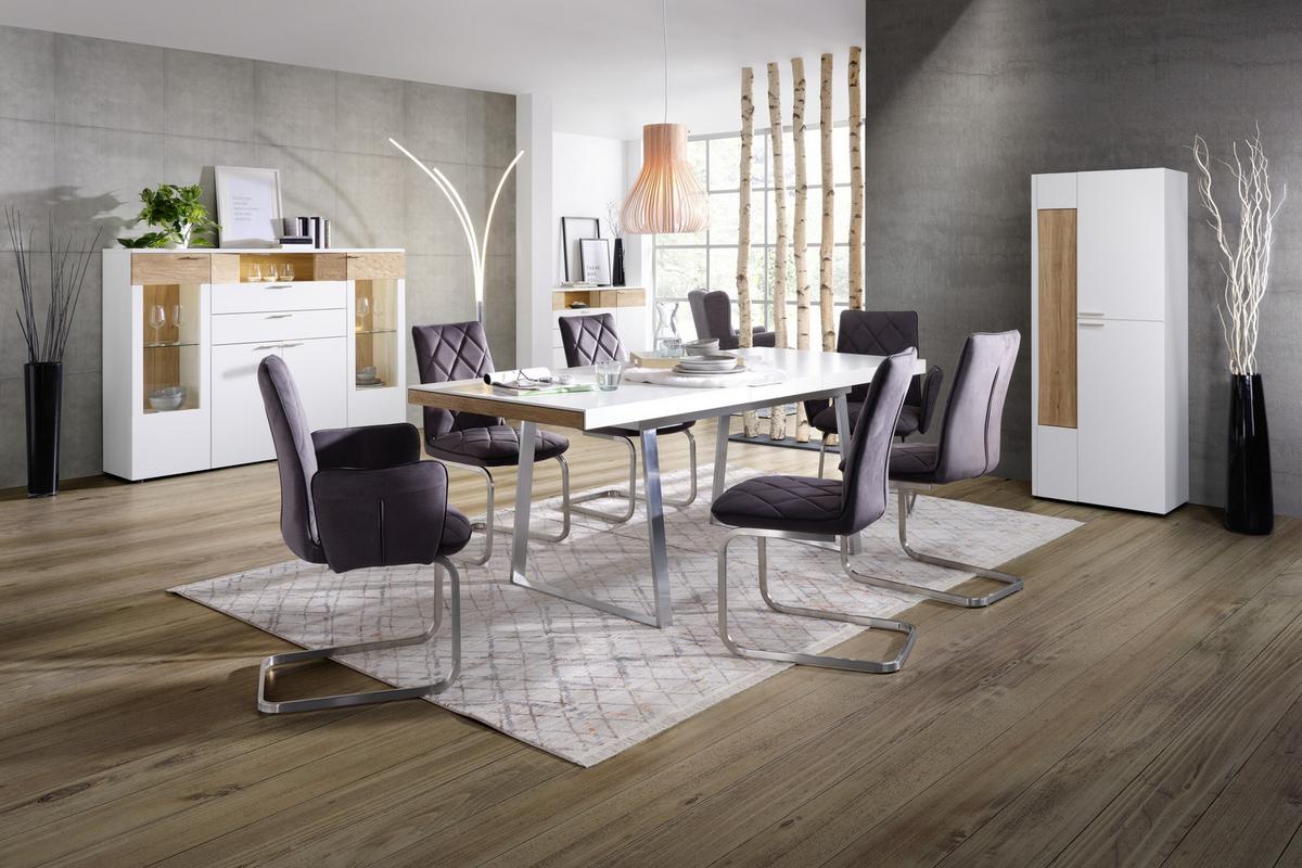 Highboard aus Eiche teilmassiv - Weiss/Edelstahlfarben, Modern, Glas/Holzwerkstoff (180/132/40cm) - Premium Living