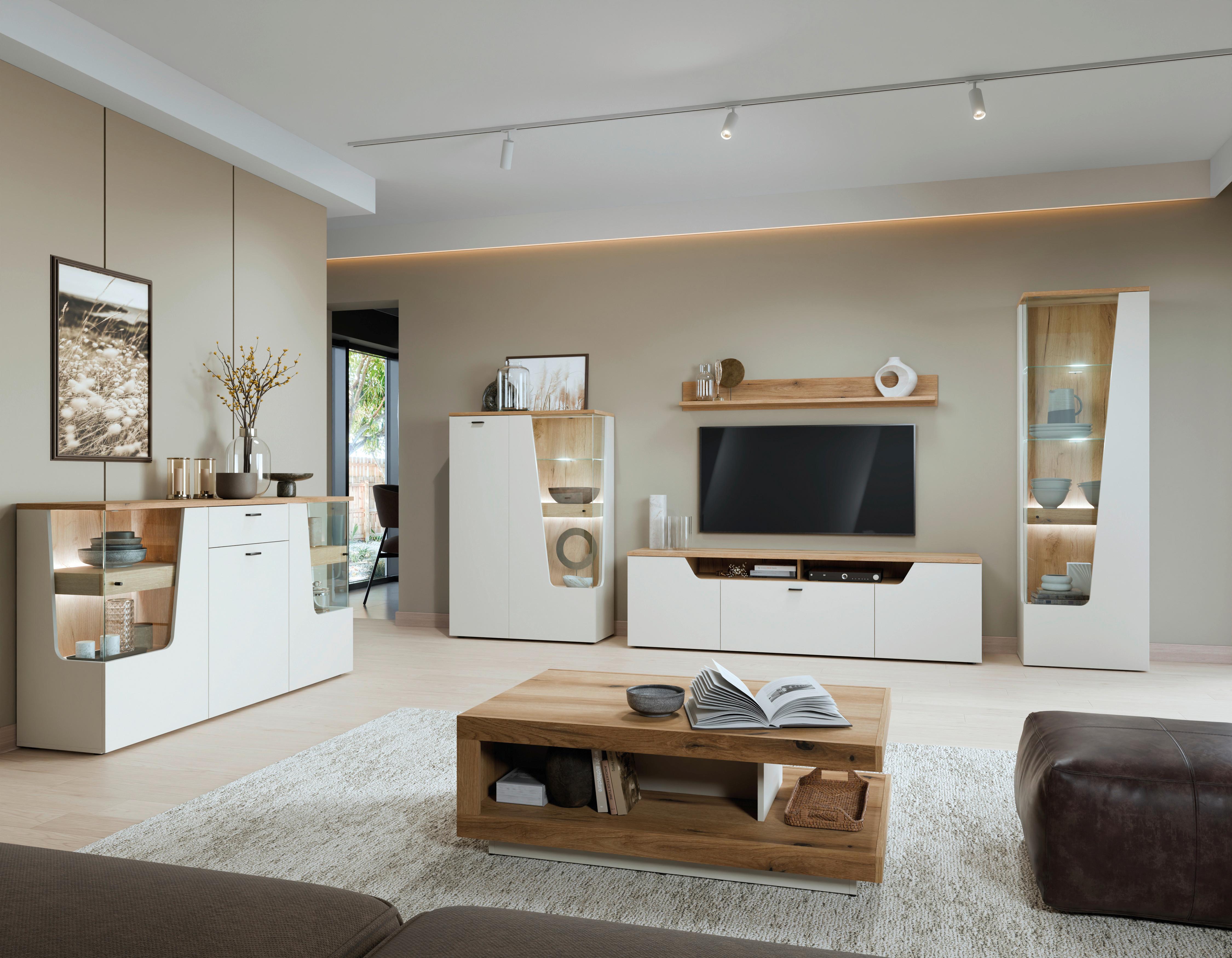 Comodă CUT OUT - cașmir/culoare lemn stejar, Modern, sticlă/material pe bază de lemn (190/90/40cm) - Premium Living
