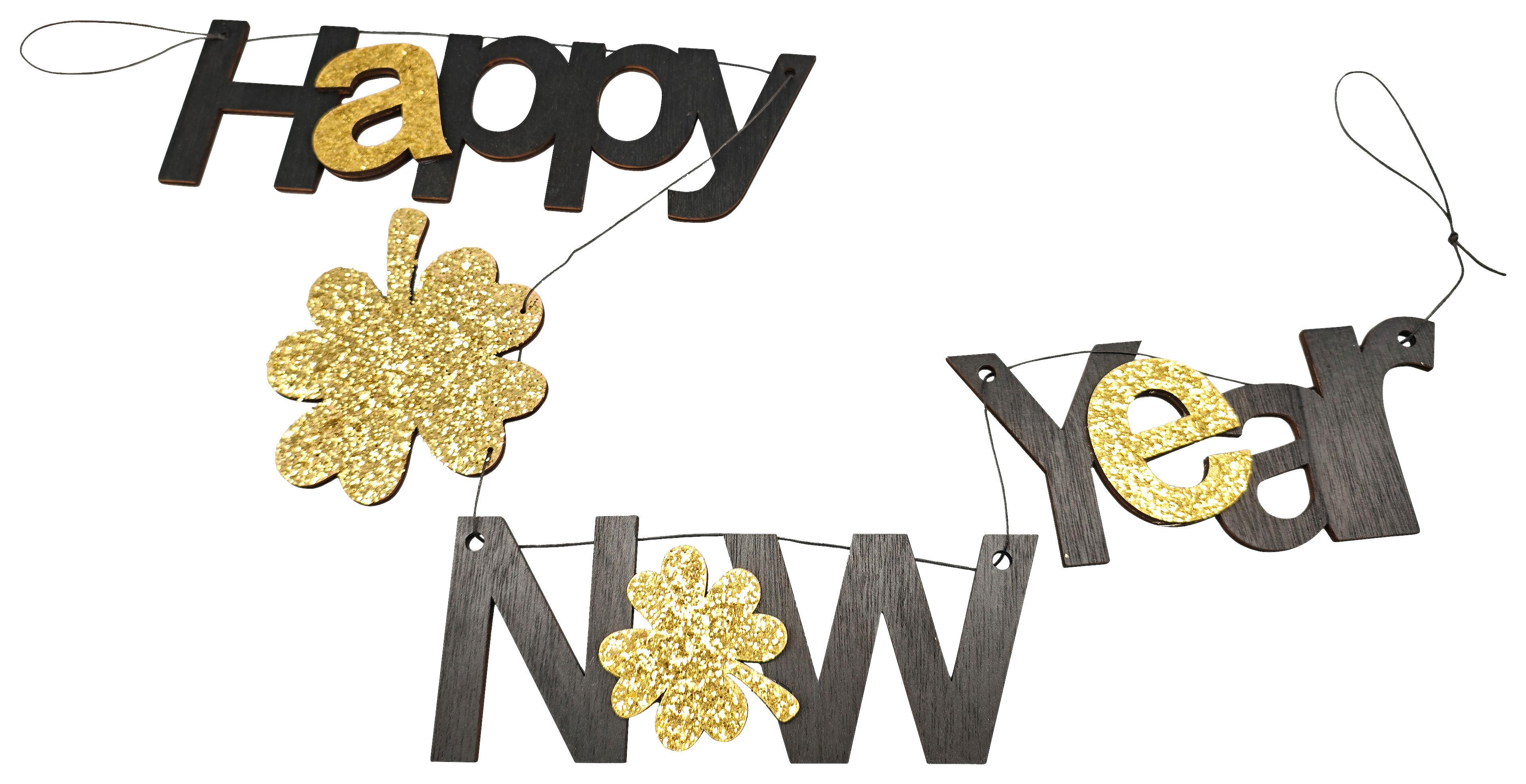 Girlande Happy New Year Schwarz/Goldfarben - Goldfarben/Schwarz, Konventionell, Holzwerkstoff (120cm) - Mömax