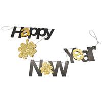 Girlande Happy New Year Schwarz/Goldfarben - Goldfarben/Schwarz, KONVENTIONELL, Holzwerkstoff (120cm) - Mömax
