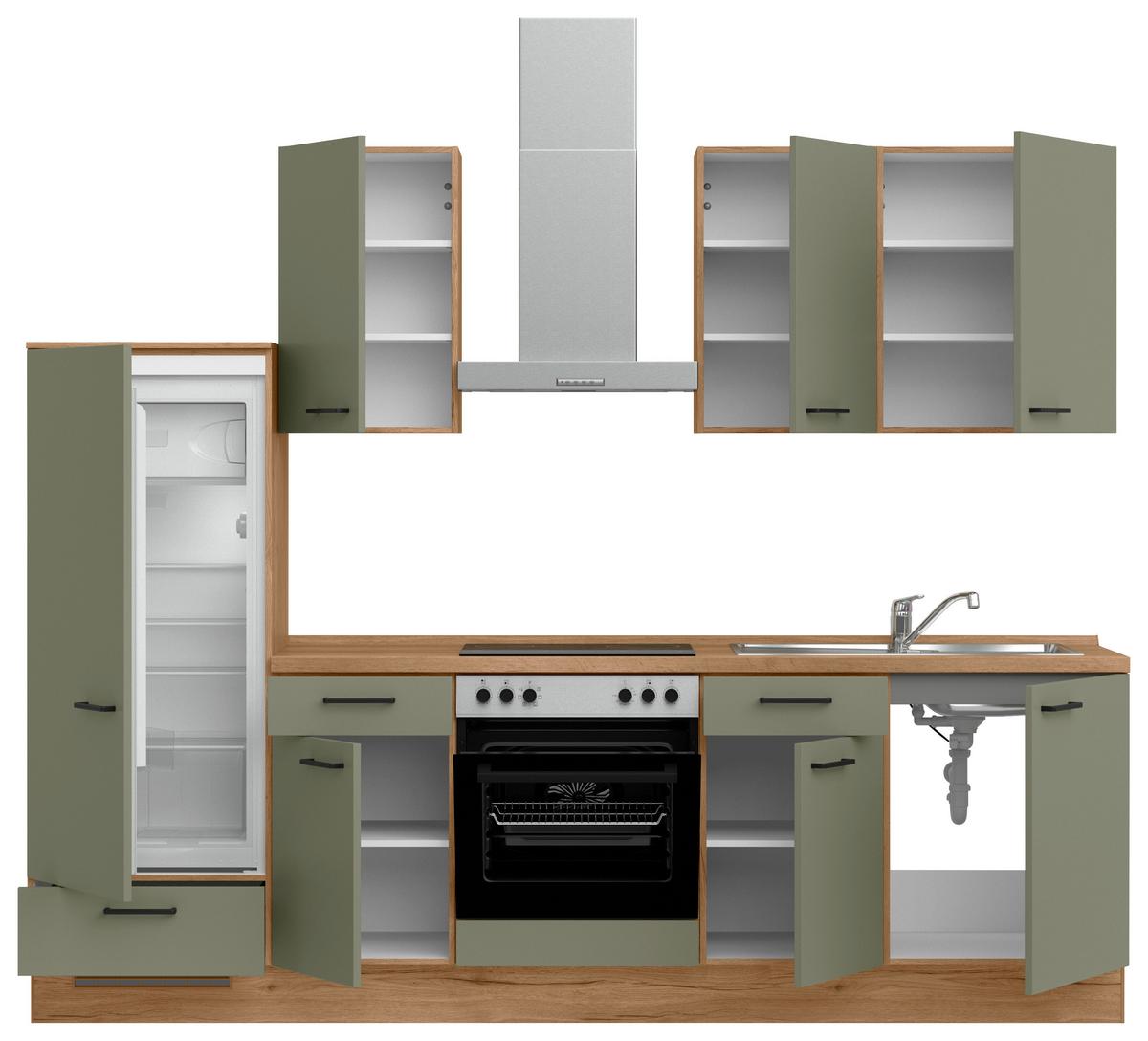 Küchenleerblock Senso Low o. Geräte Olivgrün - Eichefarben/Schwarz, MODERN, Holzwerkstoff/Metall (270cm) - Nobilia