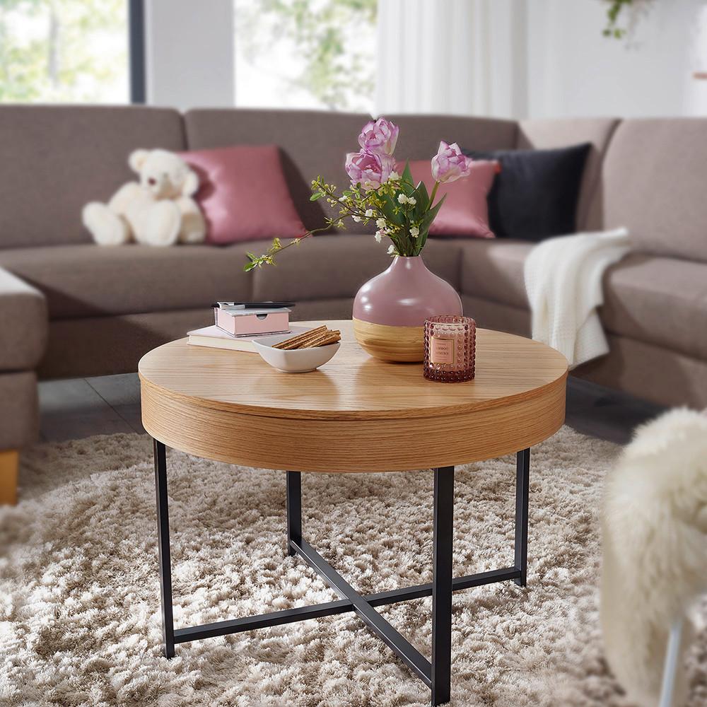 Couchtisch "WL5.978" Ø ca. 69 cm, braun - Eichefarben/Schwarz, Design, Holz/Holzwerkstoff (69/69/49cm) - MID.YOU