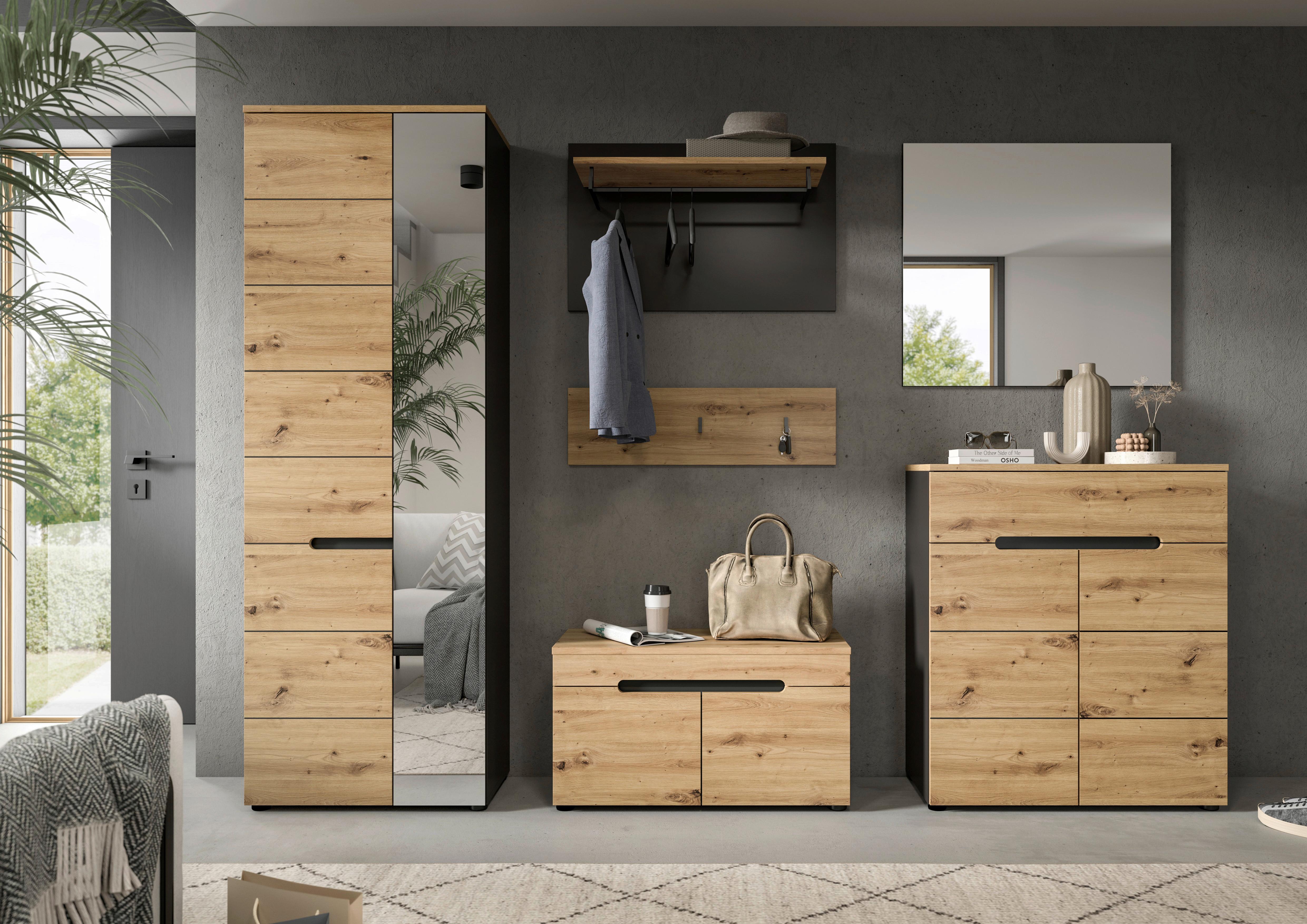 Garderobe Canu 5-teilig ca. 255x190x37cm Eiche Dekor,Grau - KONVENTIONELL, Glas/Holzwerkstoff (255/190/37cm) - MID.YOU