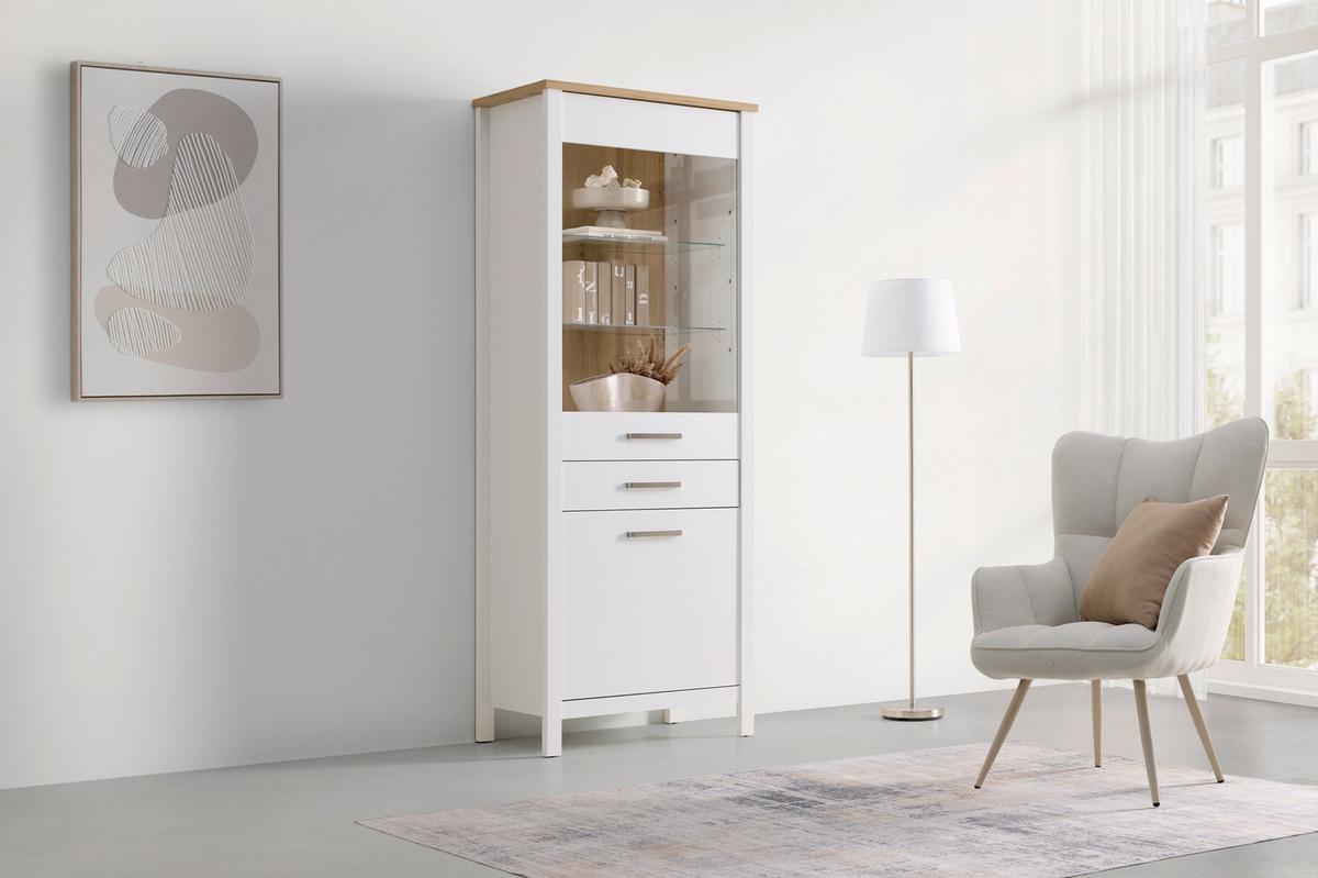 Vitrine Sicilia Weiß/Eiche - Silberfarben/Weiß, ROMANTIK / LANDHAUS, Glas/Holzwerkstoff (80/205/45cm) - Mömax