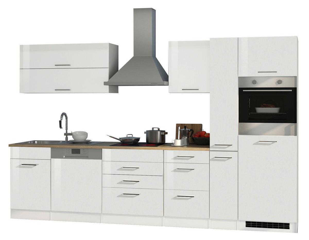 Küchenblock in Weiss inkl. E-Geräte 'Mailand' - Chromfarben/Weiß Hochglanz, MODERN, Holzwerkstoff/Metall (330cm) - Held