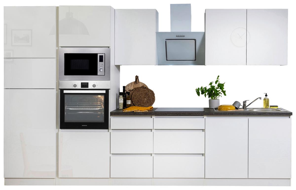 Küchenblock Lorena mit Geräten ca. 335 cm Weiß Hochglanz - Weiß Hochglanz/Graphitfarben, Basics, Holzwerkstoff (335cm) - Respekta