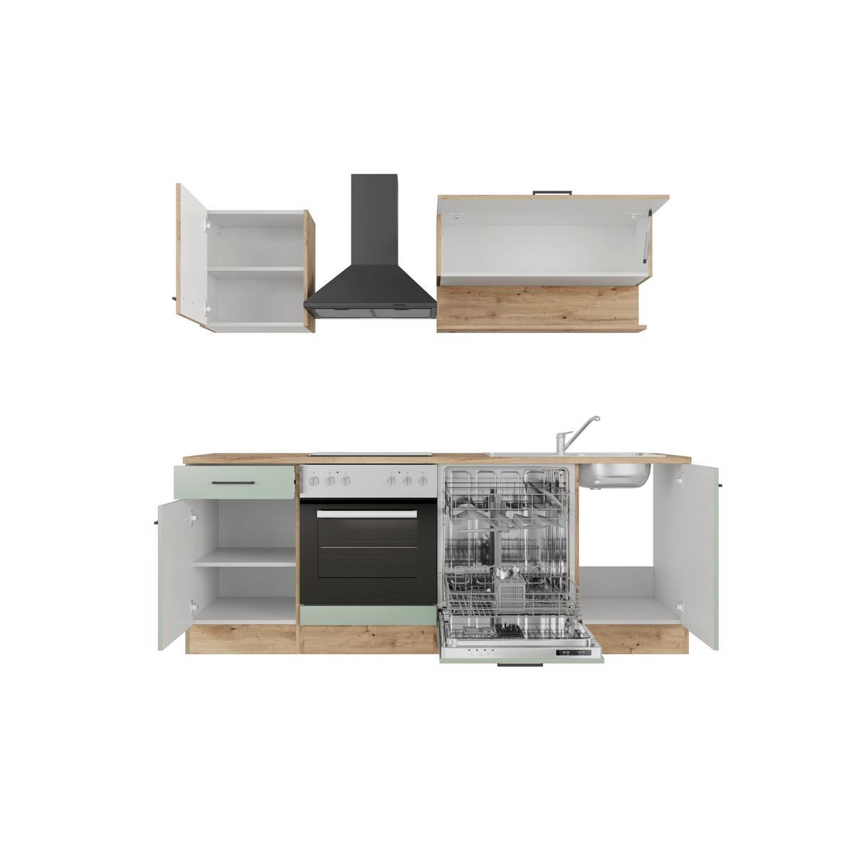 Küchenblock Cara m. Geräten Schilfgrün - Schilfgrün/Schwarz, Trend, Holzwerkstoff/Metall (220cm) - FlexWell