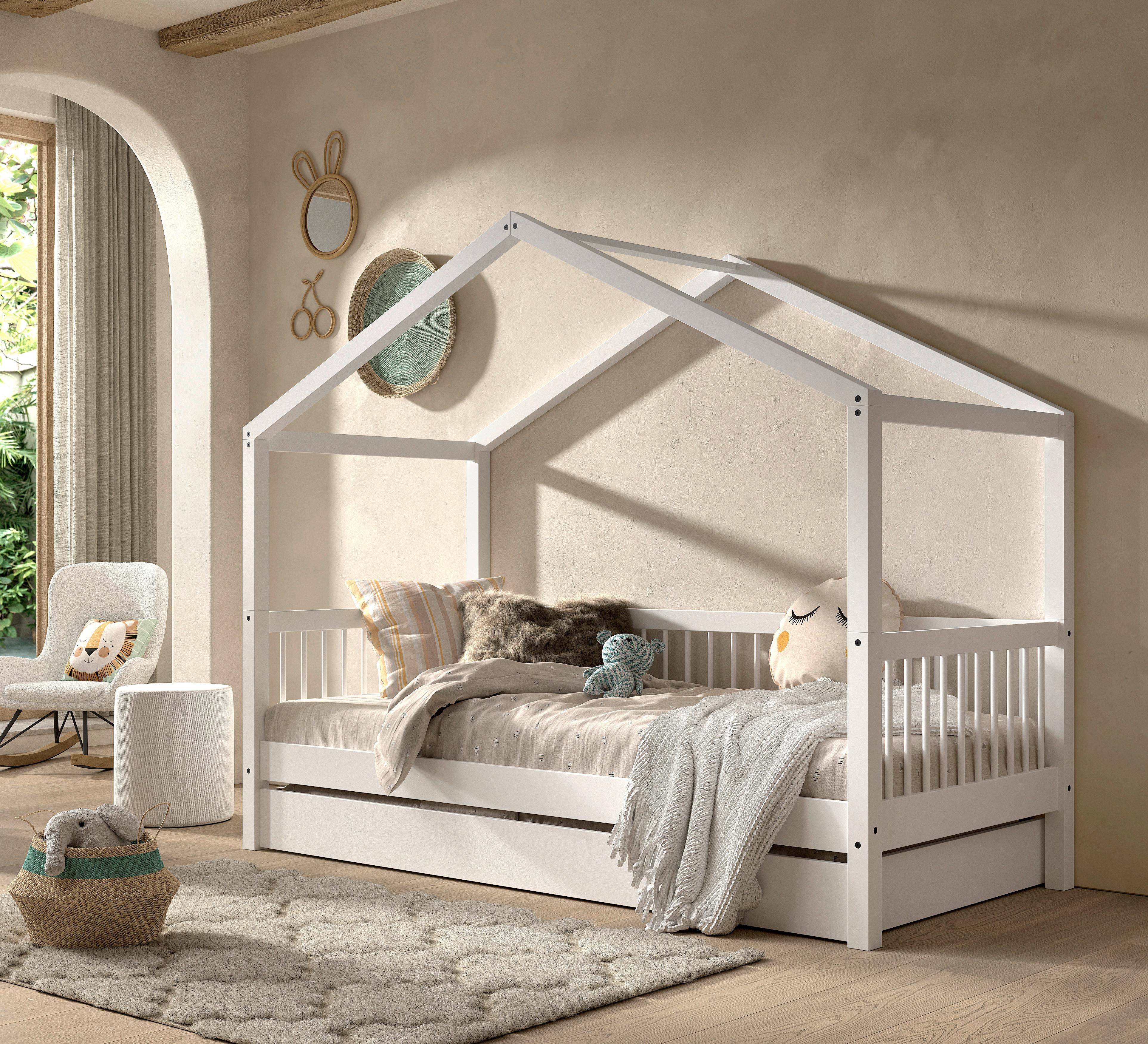Hausbett FORREST Weiß ca.90x200cm mit Bettschublade - Weiß/Naturfarben, MODERN, Holz (90/200cm) - Vipack