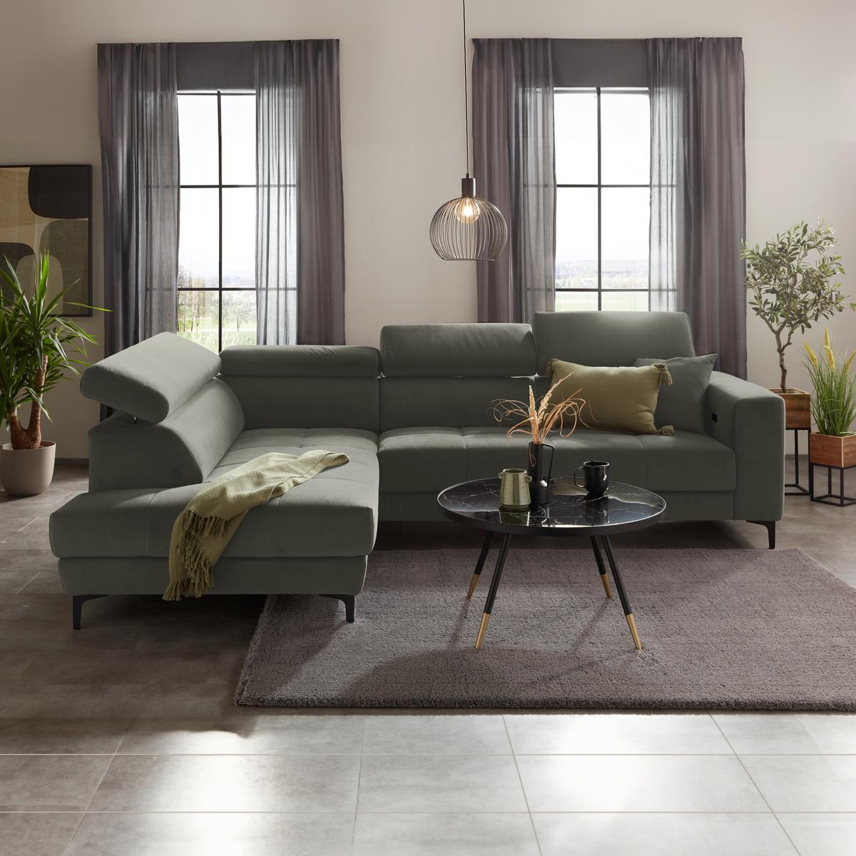 Ecksofa Emma links Graugrün - Schwarz/Graugrün, MODERN, Textil (210/301cm) - Premium Living