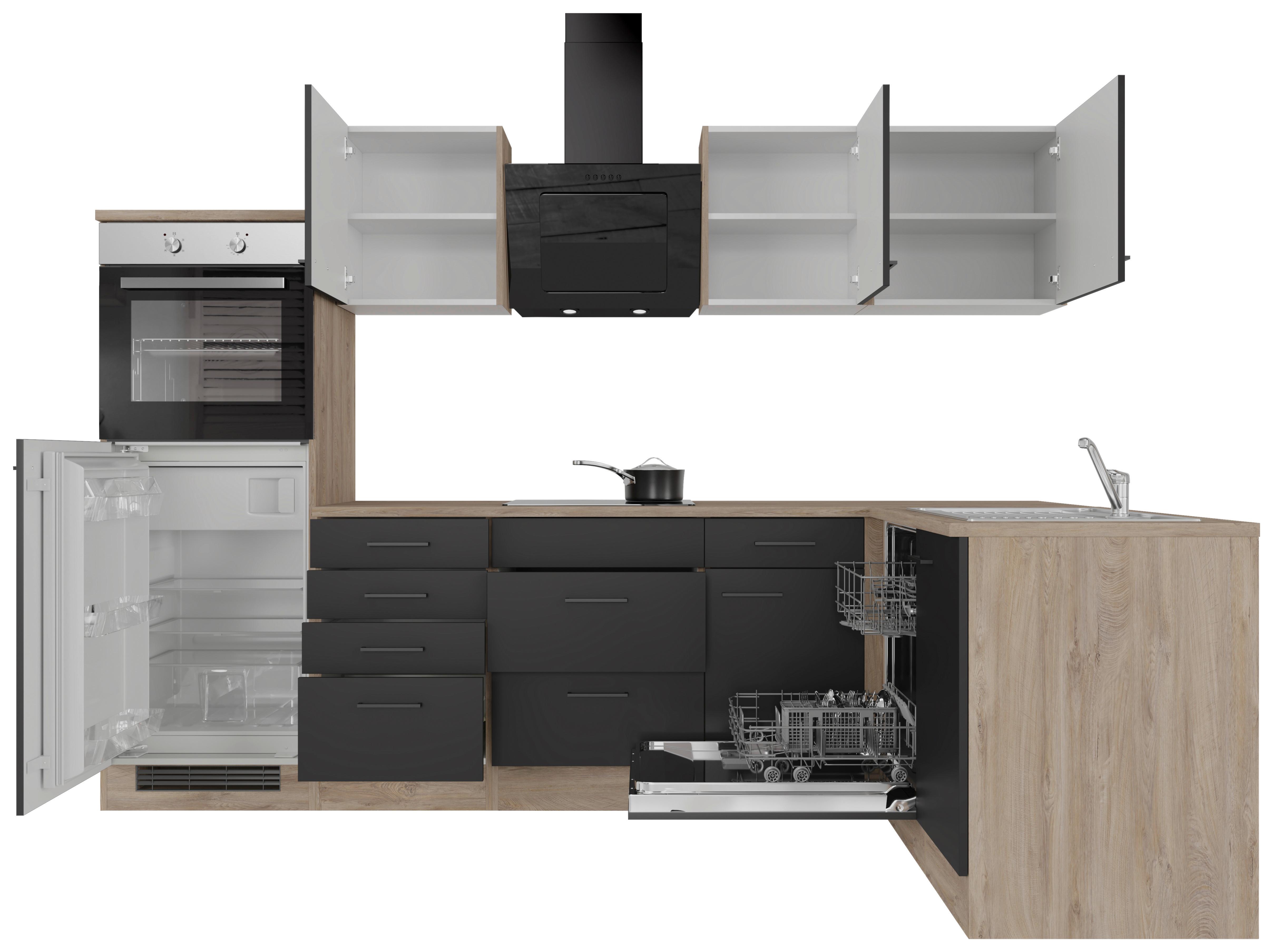 Kotna Kuhinja Capri, Črna, Hrast - črna/barve hrasta, Konvencionalno, kovina/leseni material (280/170cm) - FlexWell