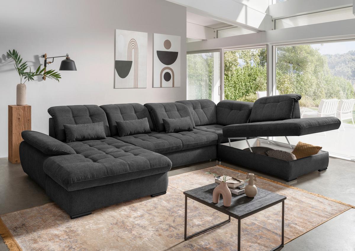 Wohnlandschaft Rigatti Anthrazit Chenille Bettkasten - Anthrazit/Schwarz, MODERN, Textil/Metall (184/387/252cm) - Livetastic