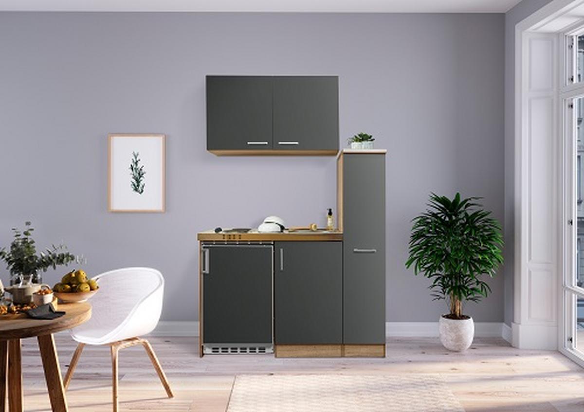 Miniküche Grau/Eiche m. Geräten B: ca. 130 cm - Eichefarben/Grau, MODERN, Holzwerkstoff (130cm) - Respekta