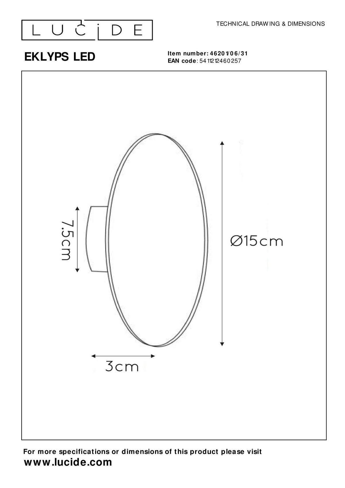 KINKIET LED 46201/06/31 EKLYPS - biały, Design, metal (15/3cm) - Lucide