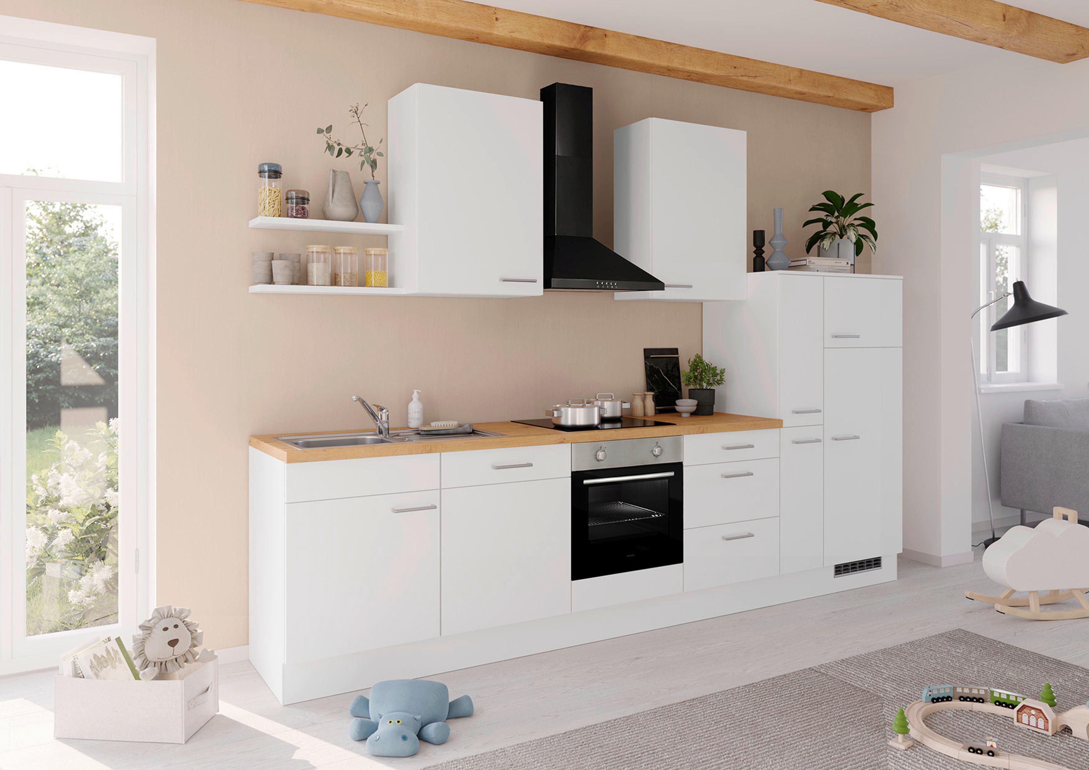 Küchenblock IKZ mit Geräten ca. 330 cm Weiß - Edelstahlfarben/Eichefarben, Design, Holzwerkstoff/Metall (330cm) - Impuls