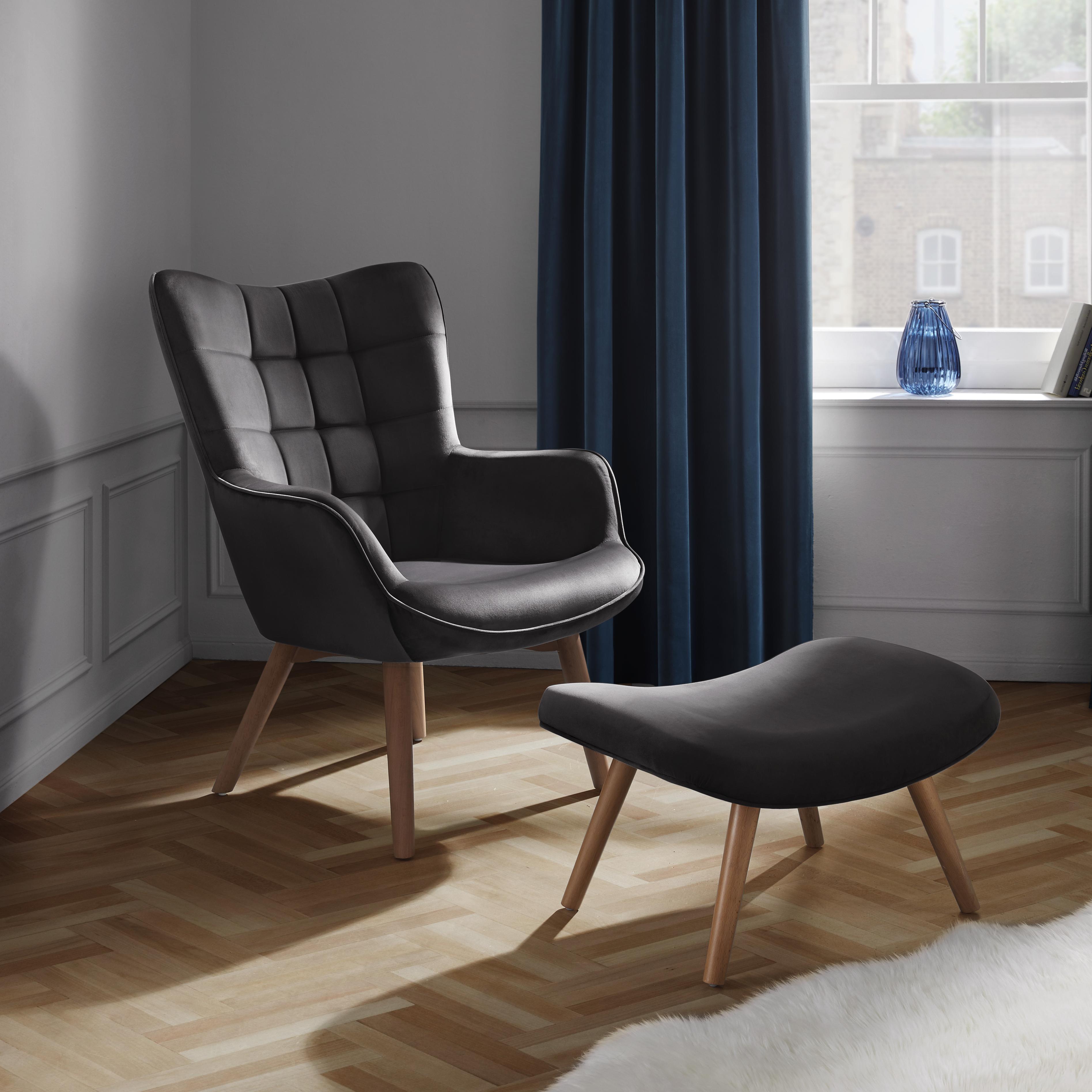 Sessel in Grau inkl. Hocker 'Merlin' - Dunkelgrau/Buchefarben, MODERN, Holz/Textil (71/98/80cm) - Bessagi Home