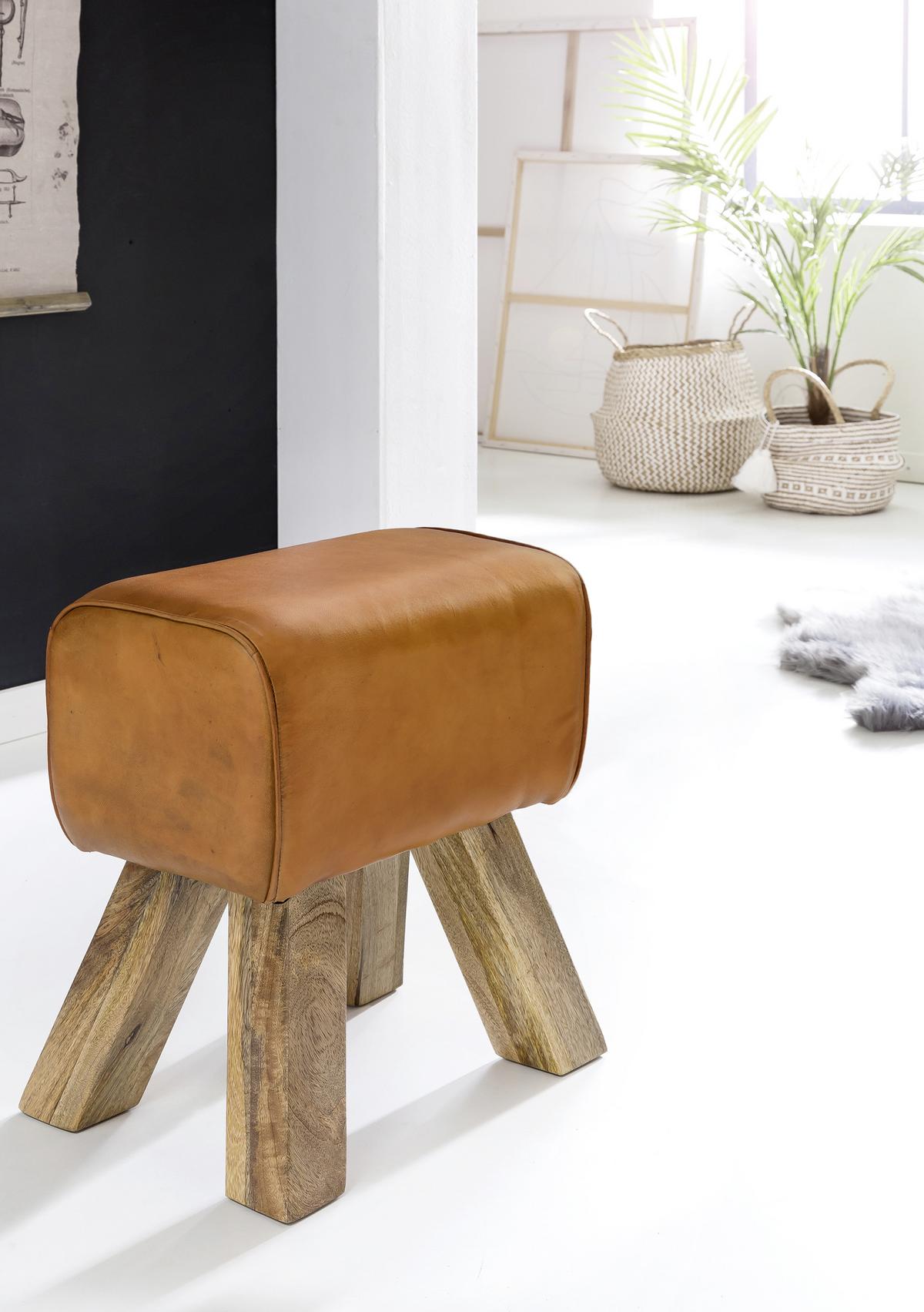 Hocker WL5.108 ca. 40x47 cm Braun/Echtleder - Braun, Natur, Leder/Holz (40/47/30cm) - MID.YOU