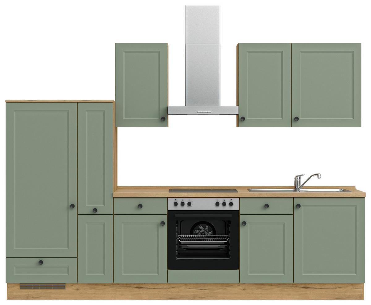 Küchenblock Cascada Low m. Geräten Schilfgrün - Schilfgrün/Eichefarben, MODERN, Holzwerkstoff/Metall (300cm) - Nobilia