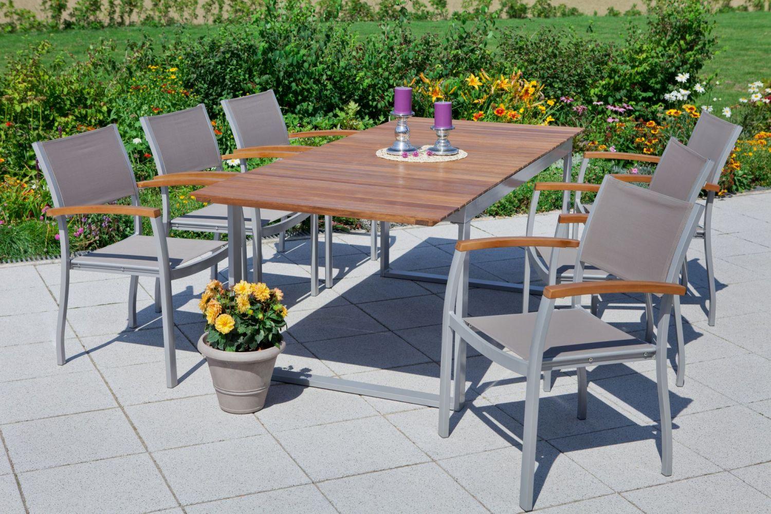 Gartenstuhl-Set Naxos Aluminium/Textilene stapelbar - Silberfarben/Grau, ROMANTIK / LANDHAUS, Holz/Textil (59/85/56cm) - Gardenson
