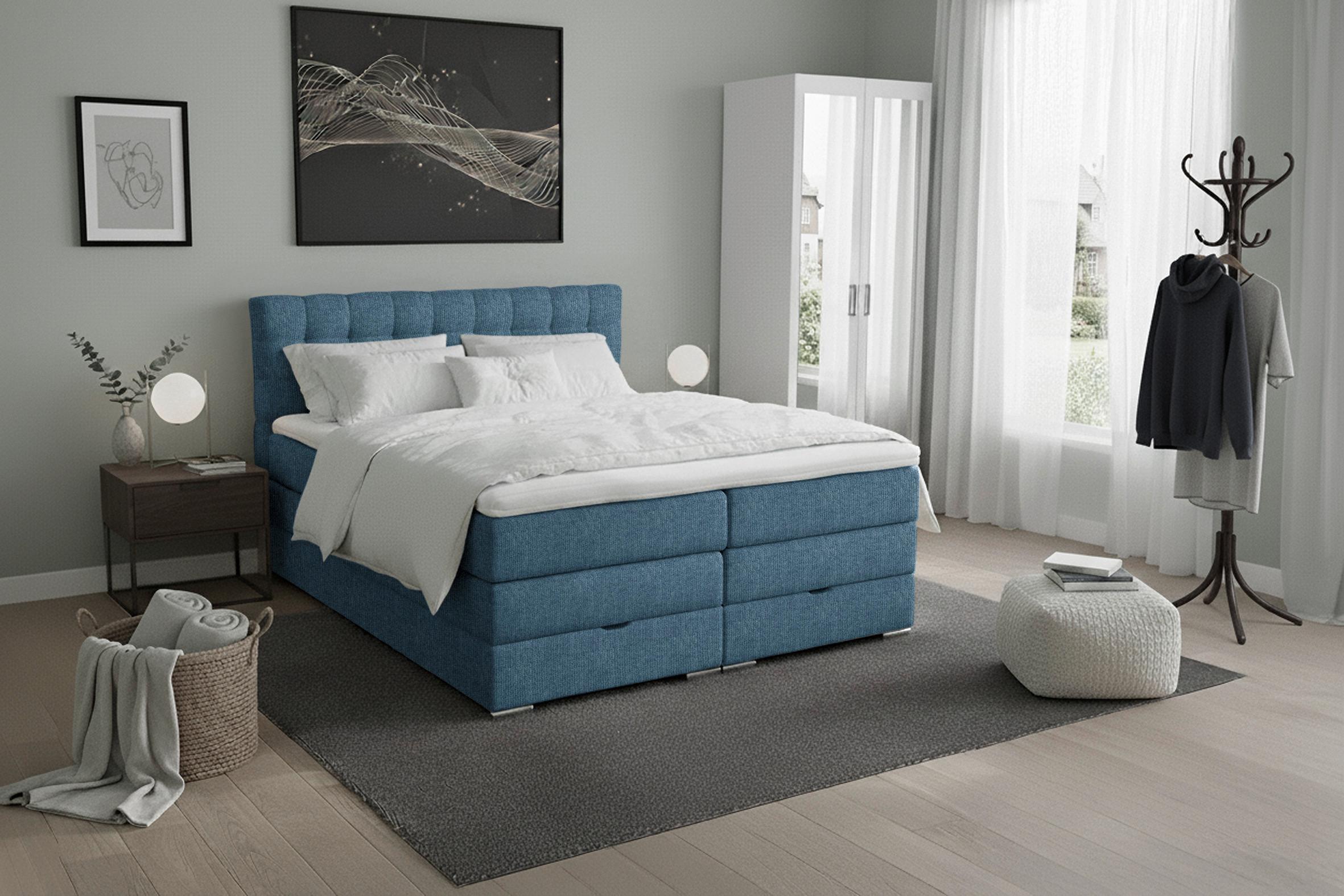 Boxspringbett London Blau ca. 180x200cm - Blau/Chromfarben, MODERN, Holz/Holzwerkstoff (180/200cm) - Premium Living