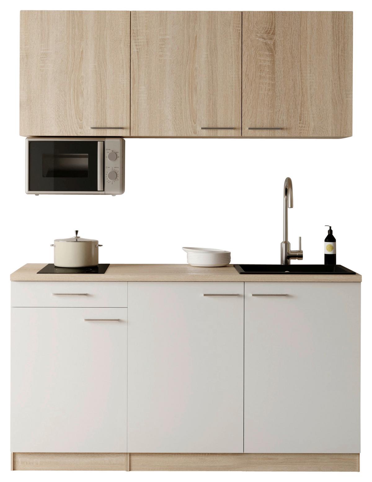 Miniküche Ingrid m. Geräten ca. 150cm Weiß - Eichefarben/Alufarben, Design, Holzwerkstoff/Kunststoff (150cm) - Respekta