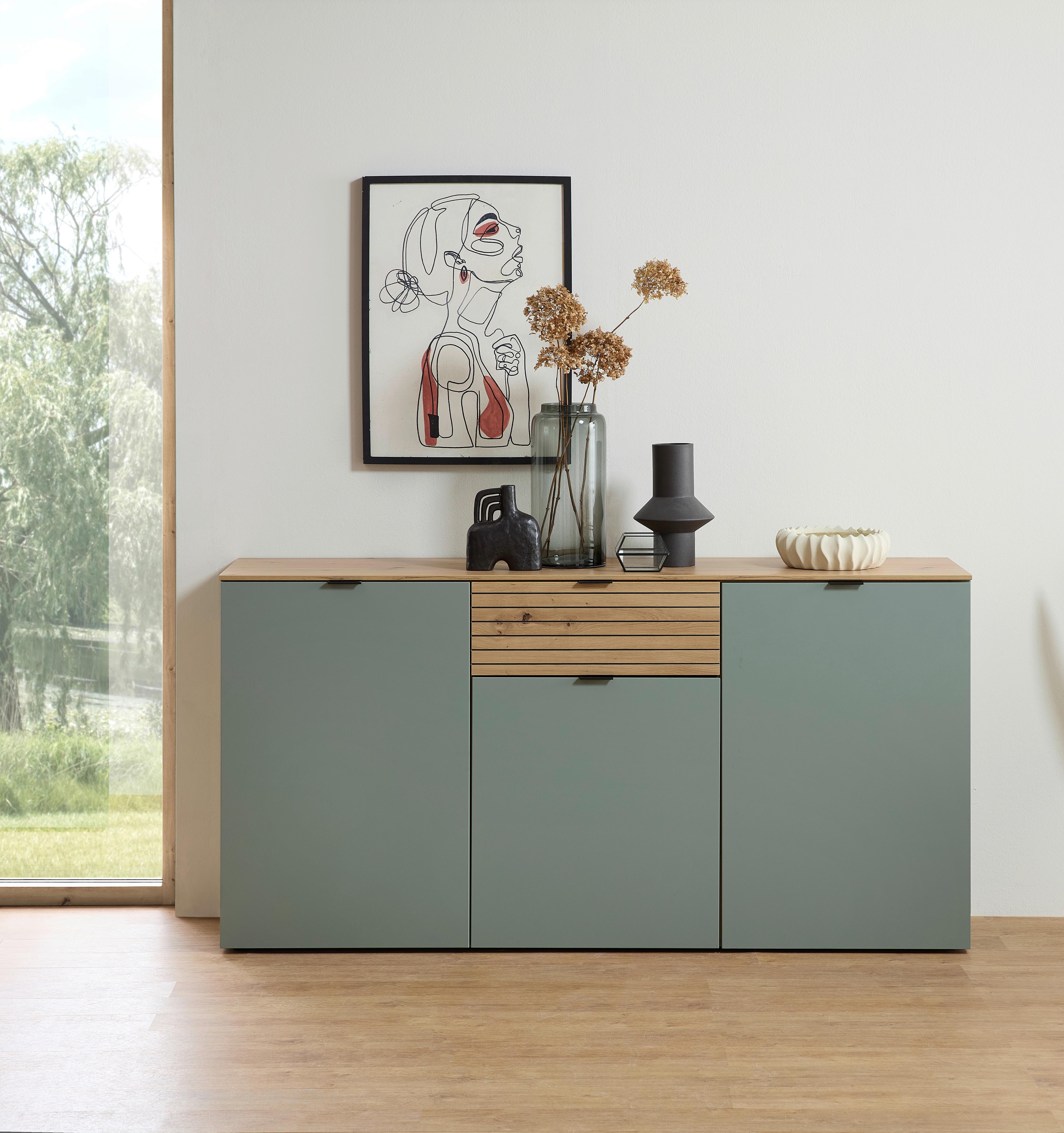 Sideboard Memphis Grün/Eiche Artisan - Schwarz/Eiche Artisan, MODERN, Holzwerkstoff/Metall (180/90/45cm) - Premium Living
