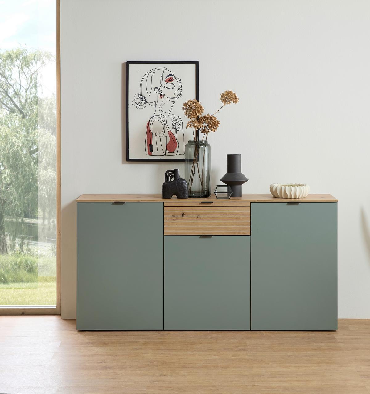 Sideboard Memphis Grün/Eiche Artisan - Schwarz/Eiche Artisan, MODERN, Holzwerkstoff/Metall (180/90/45cm) - Premium Living
