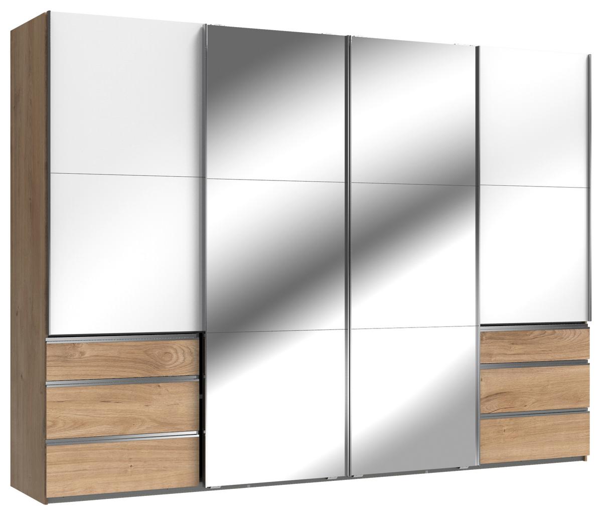 Schwebetürenschrank Level 36D ca. 300 cm Weiß/Eiche Dekor - Chromfarben/Weiß Hochglanz, MODERN, Holzwerkstoff/Metall (300/216/65cm) - MID.YOU