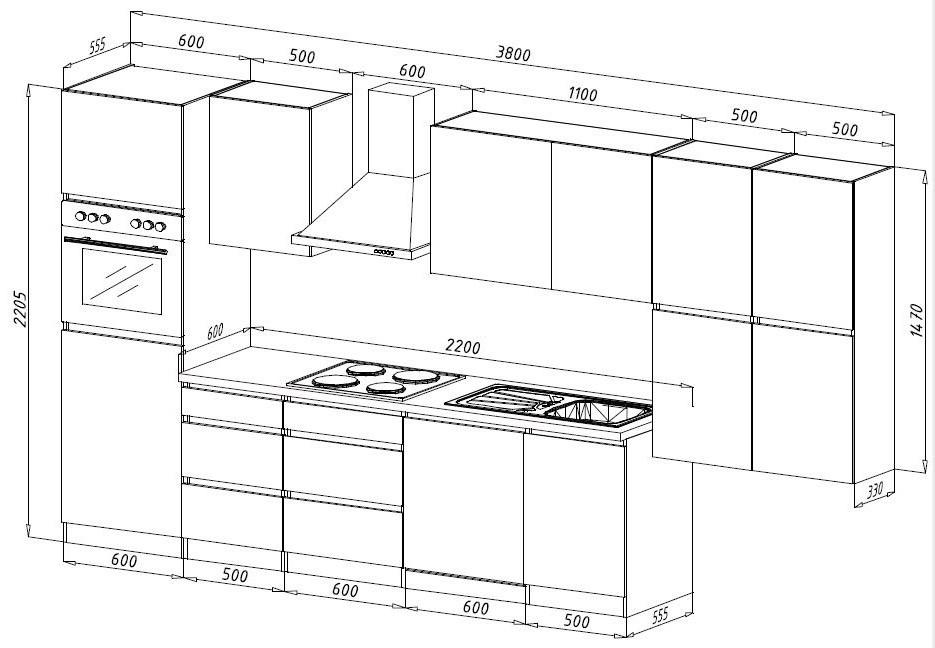 Küchenzeile Premium m. Geräte Grau/Eiche B: ca. 380 cm - Eichefarben/Grau, Basics, Holzwerkstoff (380cm) - Respekta