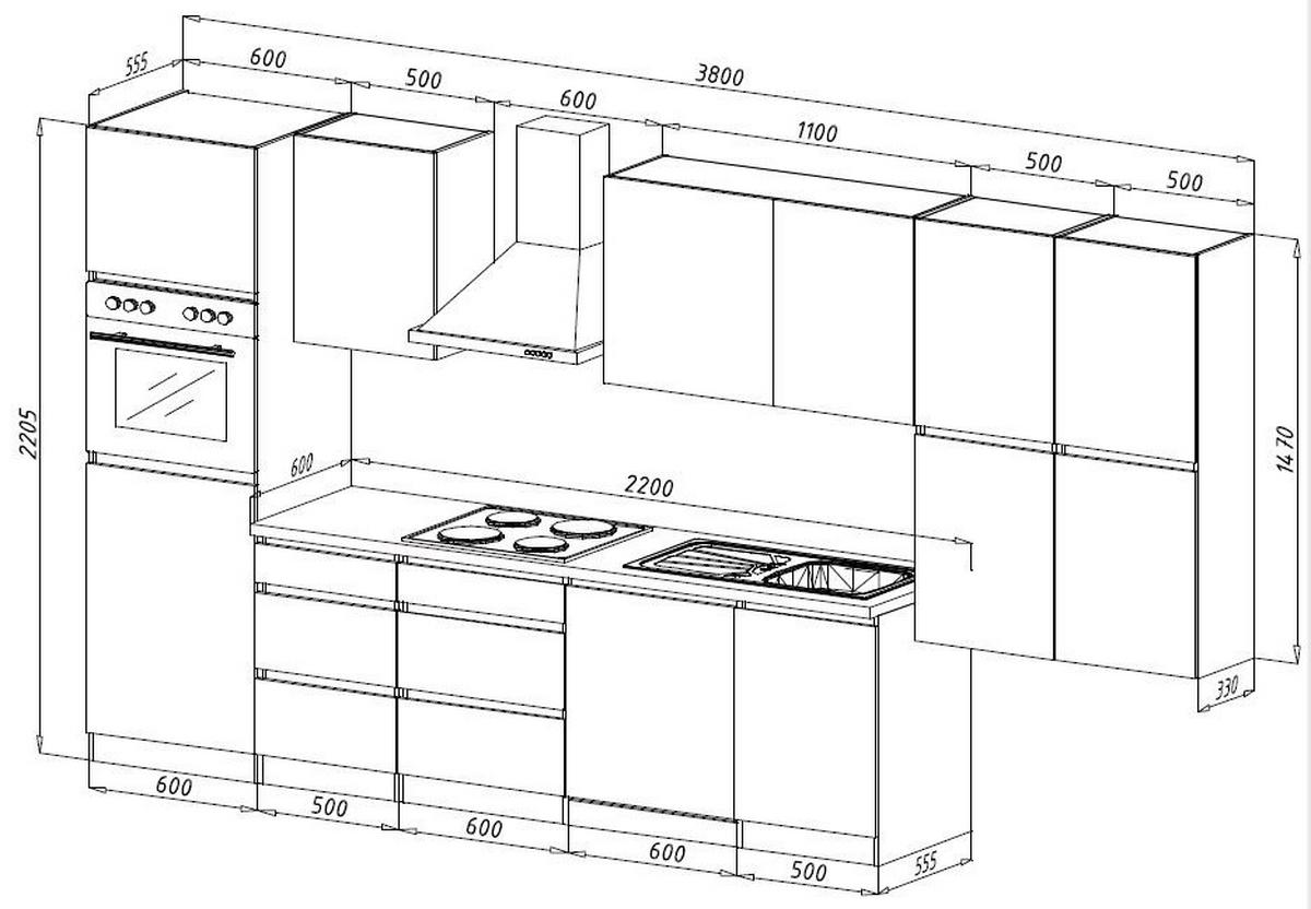 Küchenzeile Premium m. Geräte Grau/Eiche B: ca. 380 cm - Eichefarben/Grau, Basics, Holzwerkstoff (380cm) - Respekta