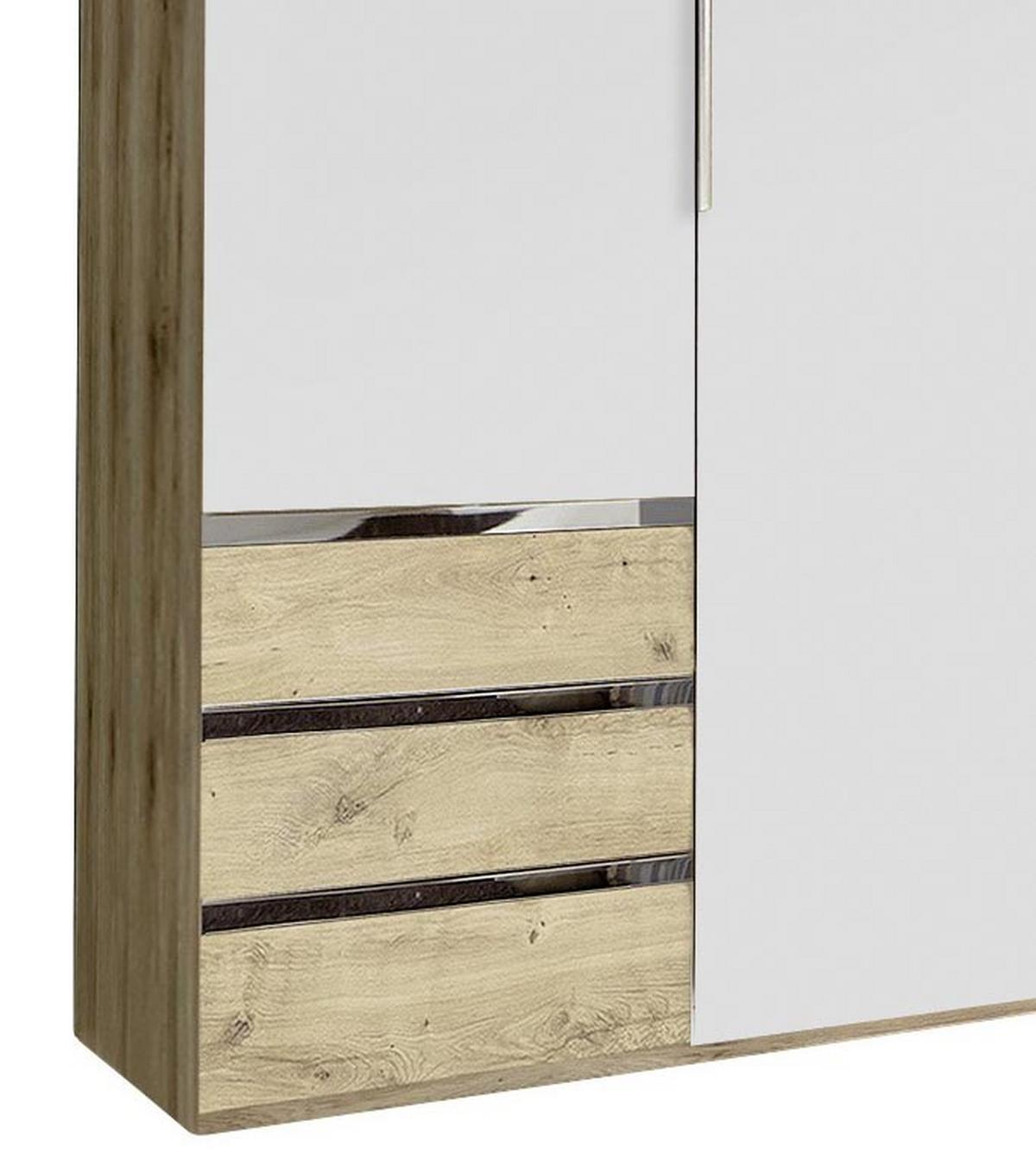 Drehtürenschrank Level 36A mit Spiegel ca. 300 cm Weiß/Eiche - Chromfarben/Eichefarben, MODERN, Glas/Holzwerkstoff (300/216/58cm) - MID.YOU