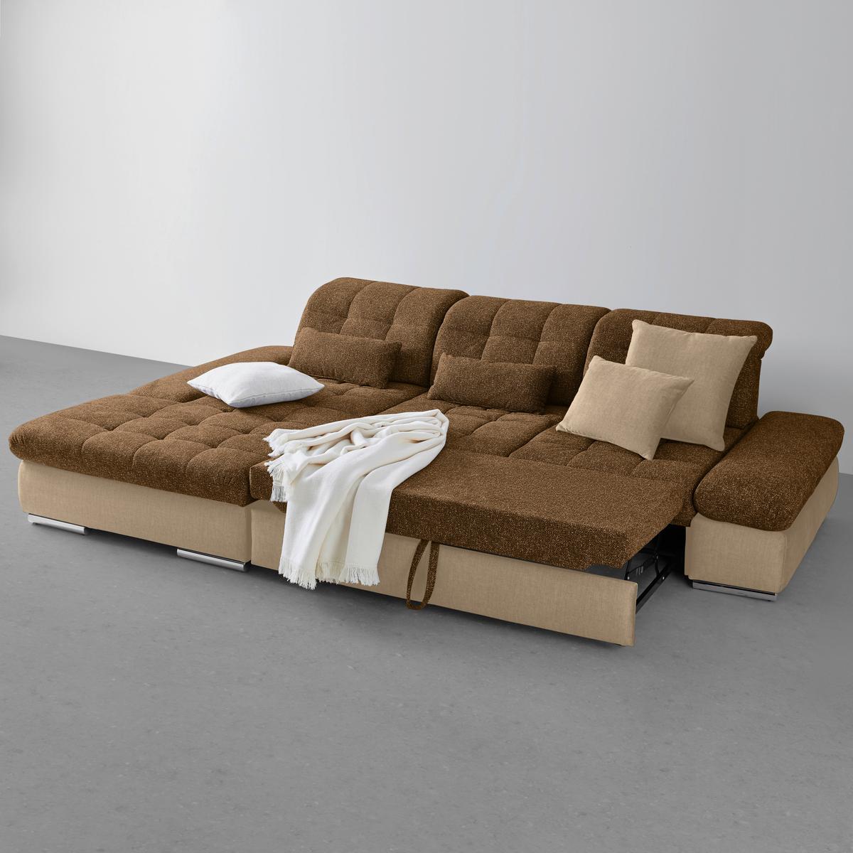 Wohnlandschaft Sanfino Taupe/Cognac - Taupe/Chromfarben, KONVENTIONELL, Holz/Textil (199/79-96/305cm) - Premium Living