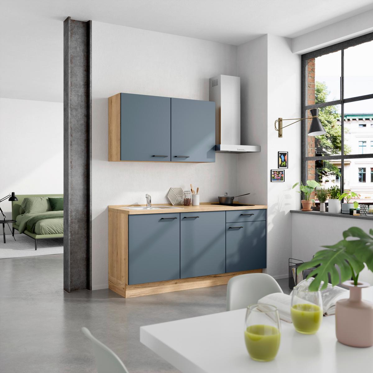 Küchenblock Easytouch Low m. Geräten Blau - Blau/Eichefarben, MODERN, Holzwerkstoff/Metall (180cm) - Nobilia