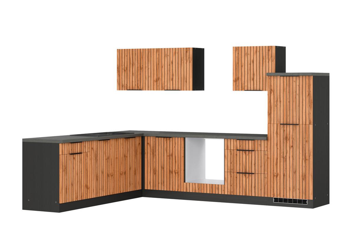 Eckküche Liverpool o. Geräte ca. 300x240cm Eiche Wotan - Schieferfarben/Eiche Wotan, Basics, Holzwerkstoff/Metall (300/240cm) - Held