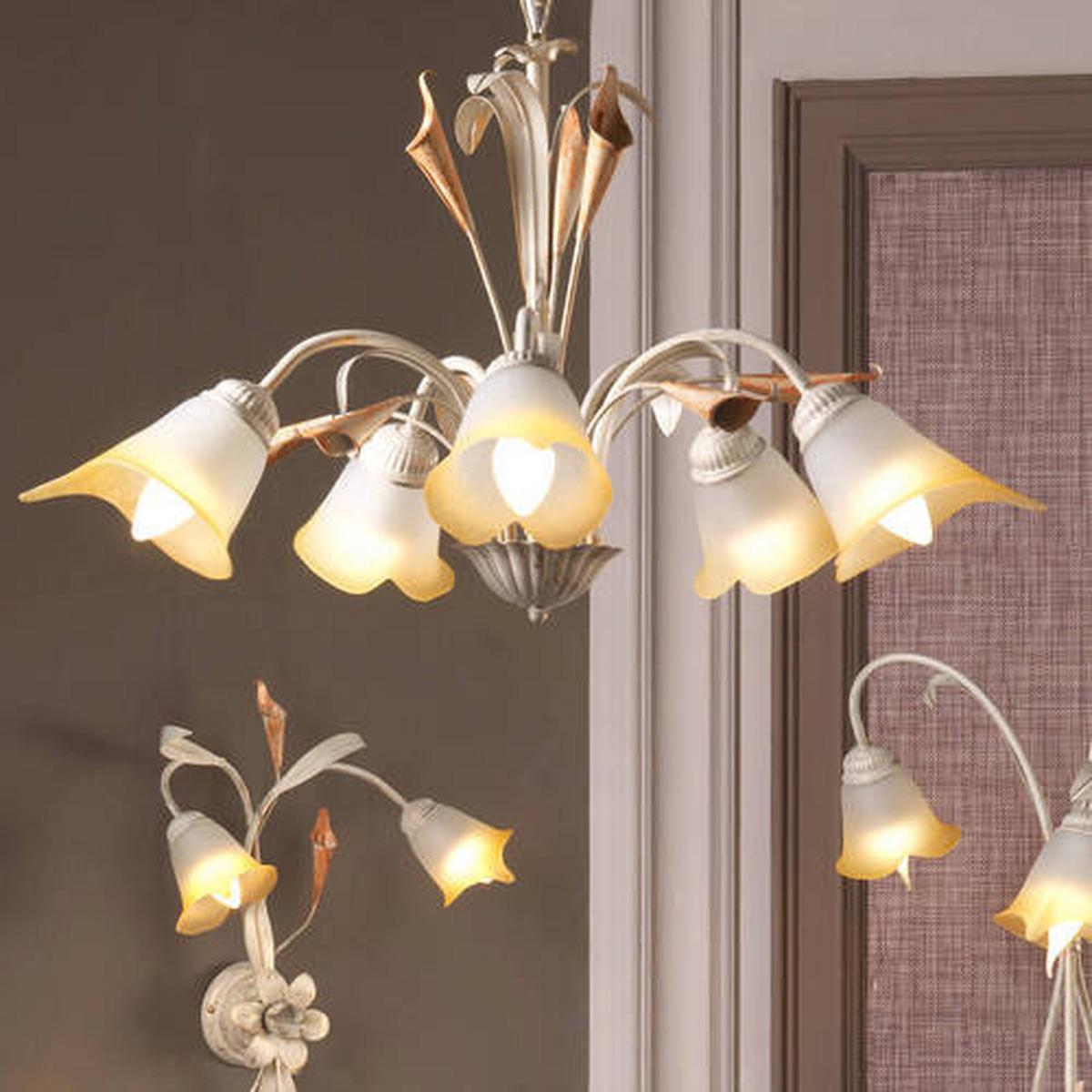 Kronleuchter Lucrezia Avorio Weiß max. 6 Watt - Weiß, Natur, Glas/Metall (70/100cm)