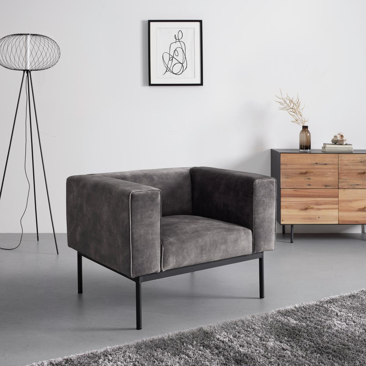 Naslanjač Chesterfield Modu, Iz Žameta - temno siva/črna, Moderno, kovina/tekstil (92/64/75cm) - Bessagi Home