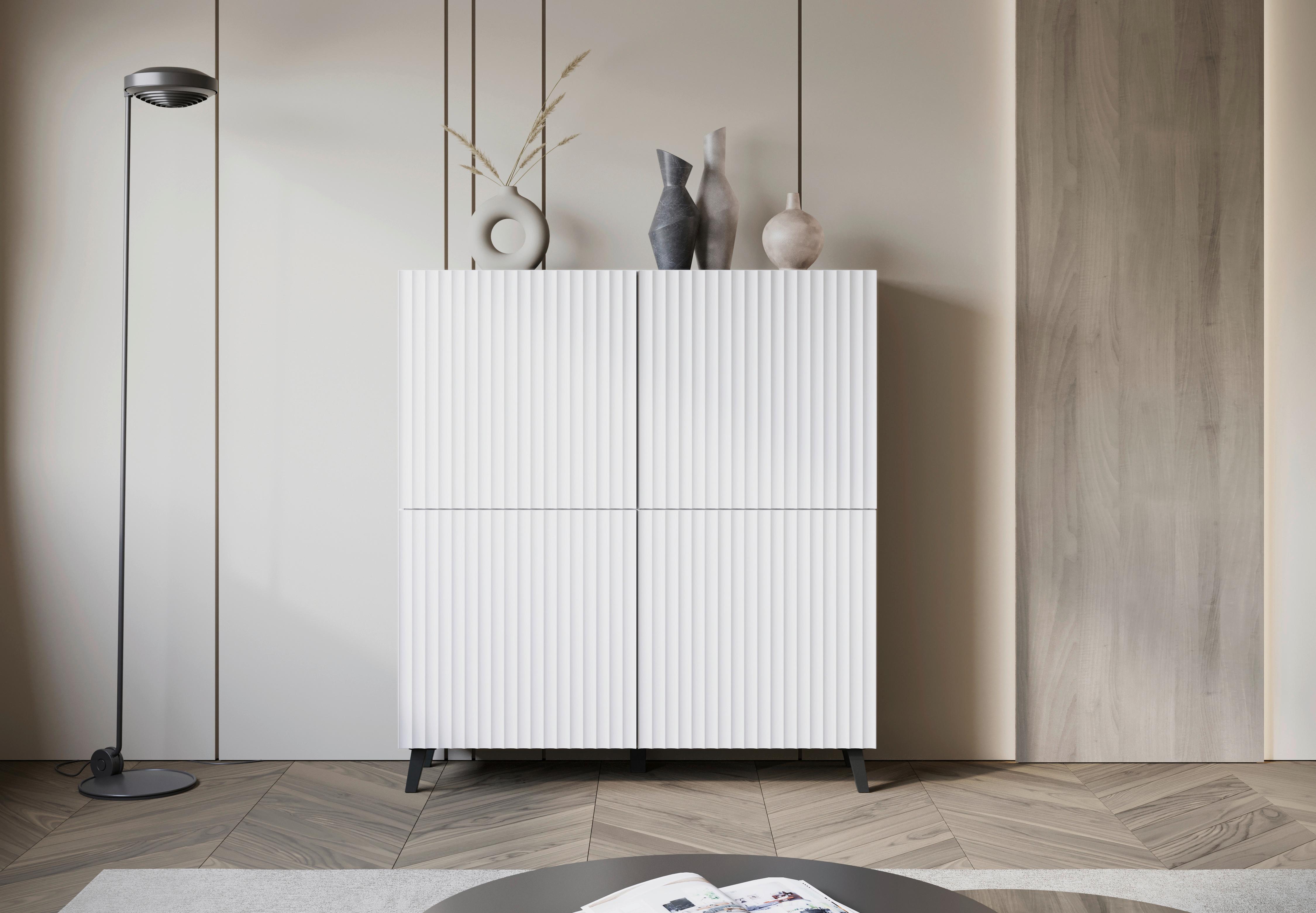 Highboard Phuket ca. 120x132 cm Weiß - Schwarz/Weiß, Design, Holzwerkstoff/Kunststoff (120/132/39,1cm) - Livetastic