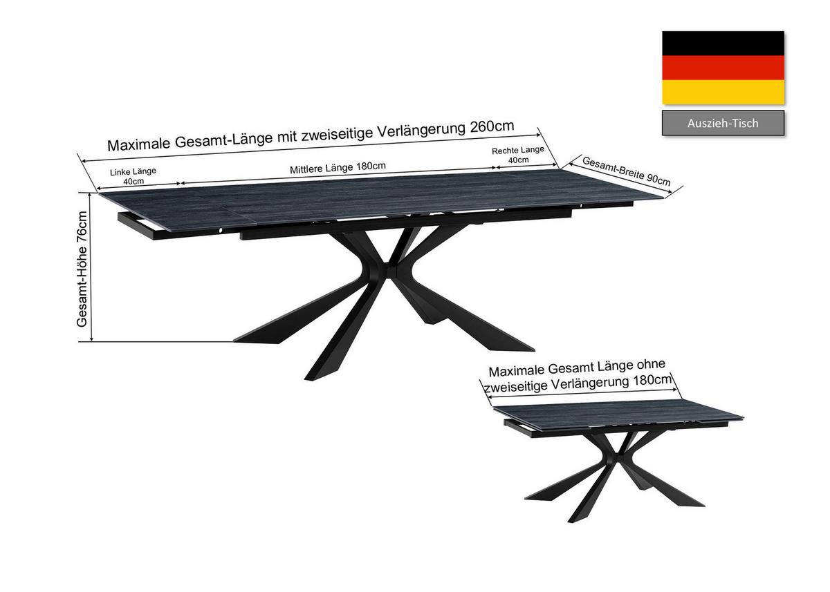 Raztegljiva Miza Hamar, Črna, 180-260x90 - črna, Moderno, kamen/kovina (180-260/90/76cm) - P & B
