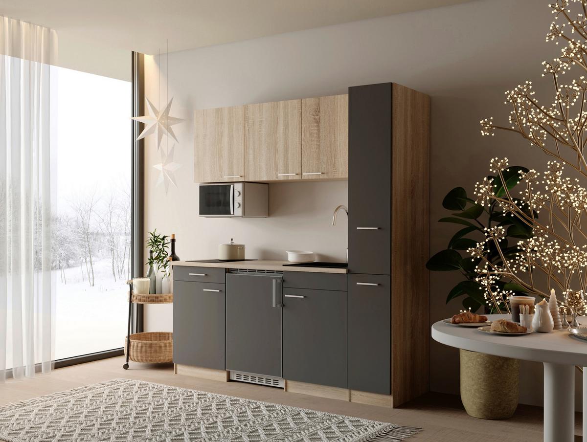 Küchenblock Ingrid m. Geräten Grau - Eichefarben/Alufarben, Design, Holzwerkstoff/Kunststoff (180cm) - Respekta