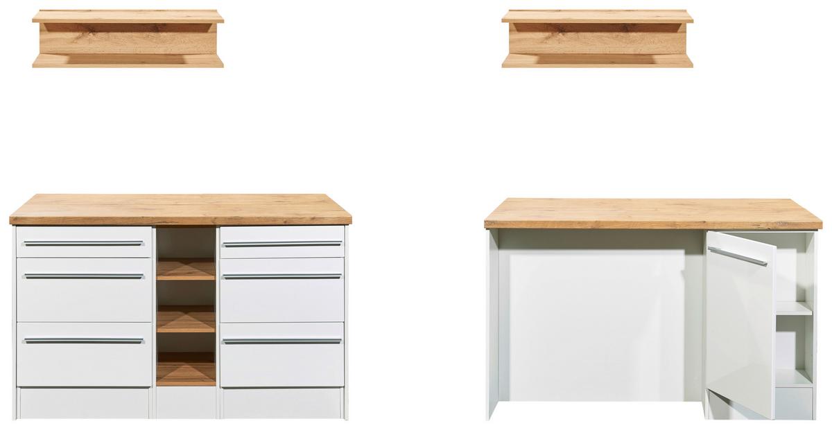 Kücheninsel Grabriel ca. 150x91x90 Weiß Hochglanz - Wildeiche/Edelstahlfarben, Design, Holzwerkstoff/Kunststoff (150/91/90cm) - Respekta