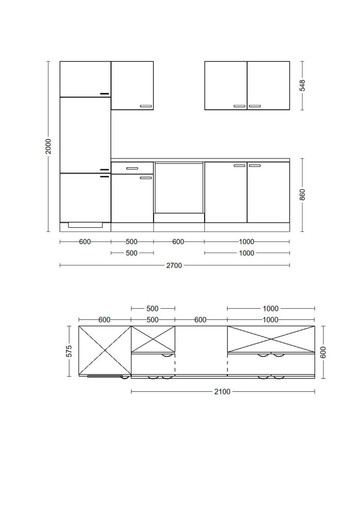 Küchenblock Lexa ohne Geräte Weiß/Eichefarben - Eichefarben/Alufarben, MODERN, Holzwerkstoff/Kunststoff (270cm) - Based