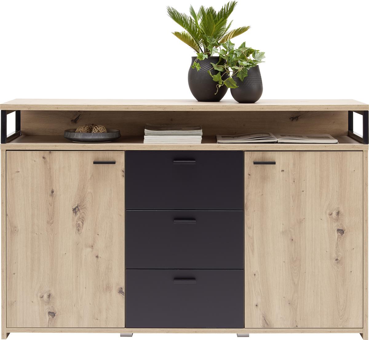 KOMODA SZEROKA LIFE NEW - kolor dębowy/czarny, Konventionell, materiał drewnopochodny/tworzywo sztuczne (134/88/38cm) - Xora