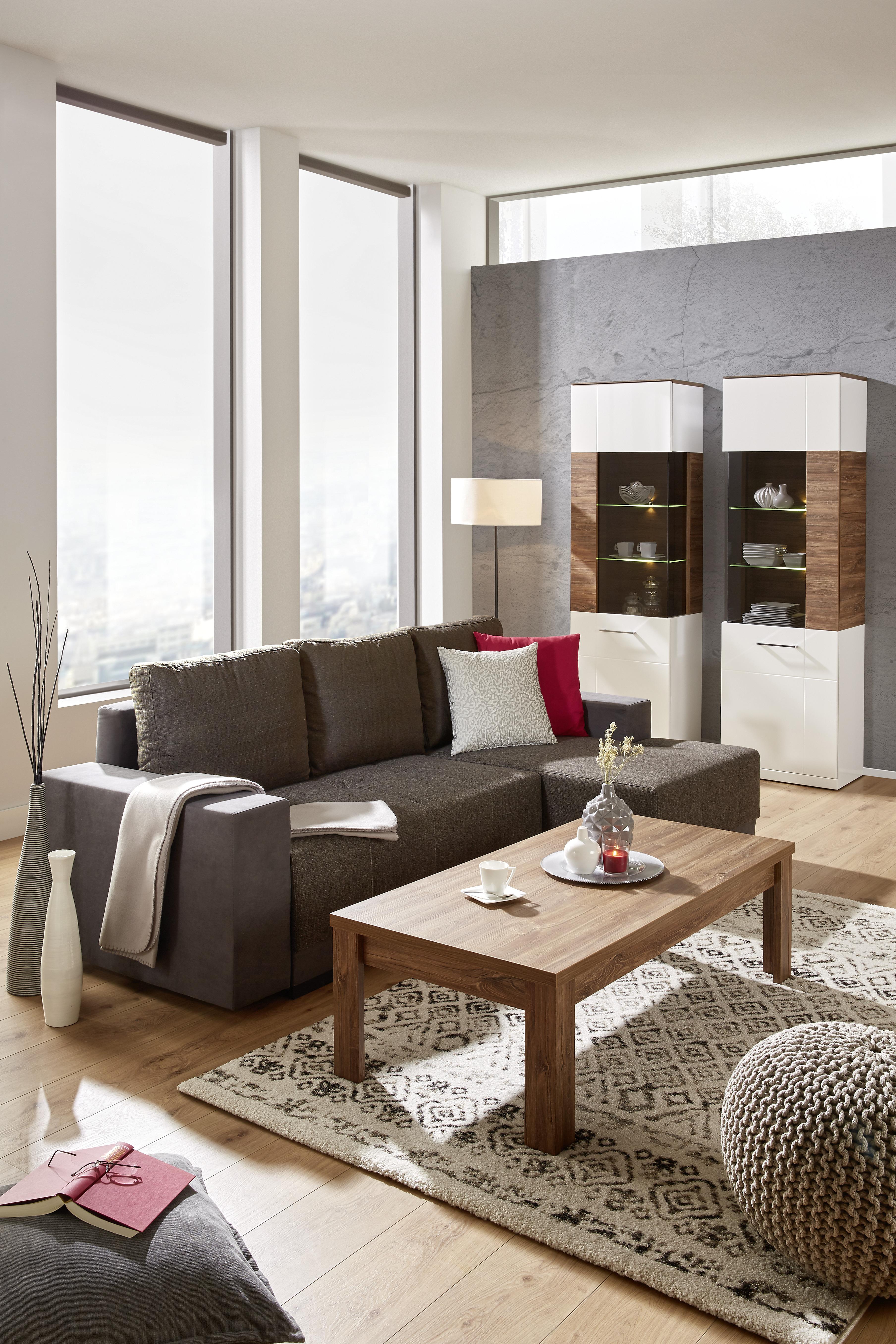 Vitrine in Weiß Hochglanz - Weiß/Akaziefarben, MODERN, Holzwerkstoff (60/202/40cm) - Premium Living